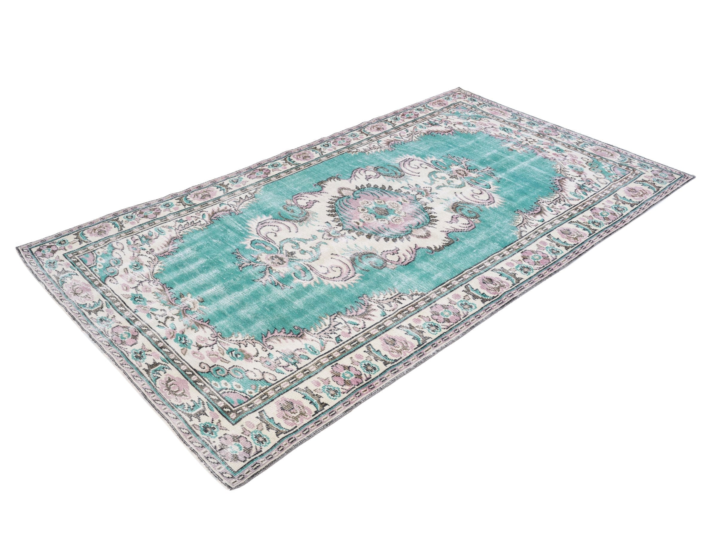 Turkish Manisa area rug in turquoise and cream, view 3 of 10