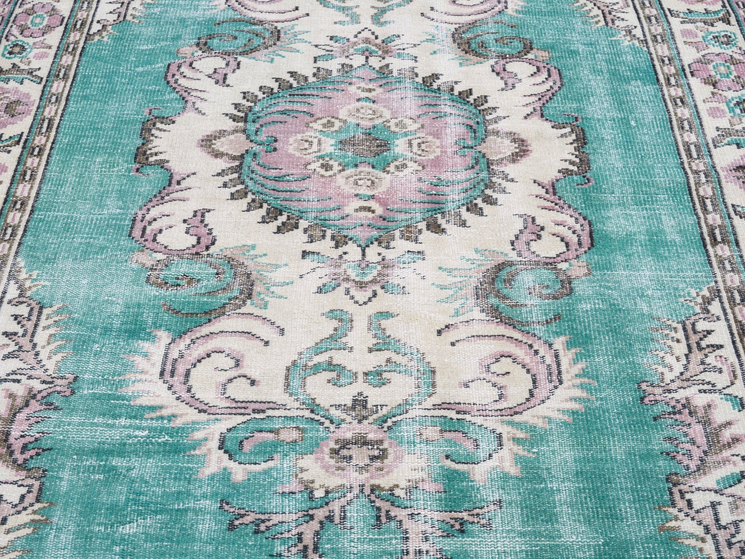 Turkish Manisa area rug in turquoise and cream, view 4 of 10