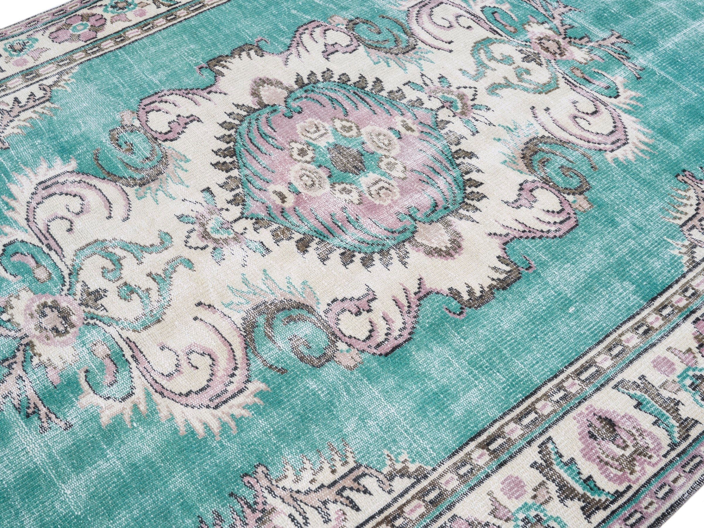 Turkish Manisa area rug in turquoise and cream, view 5 of 10