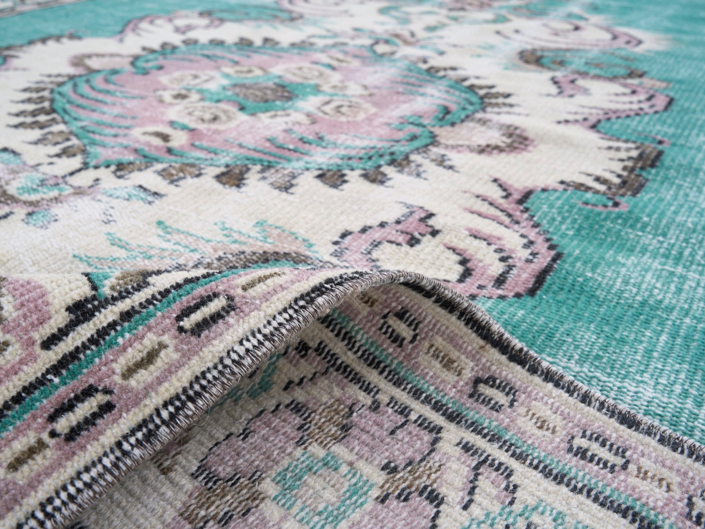Turkish Manisa area rug in turquoise and cream, view 9 of 10