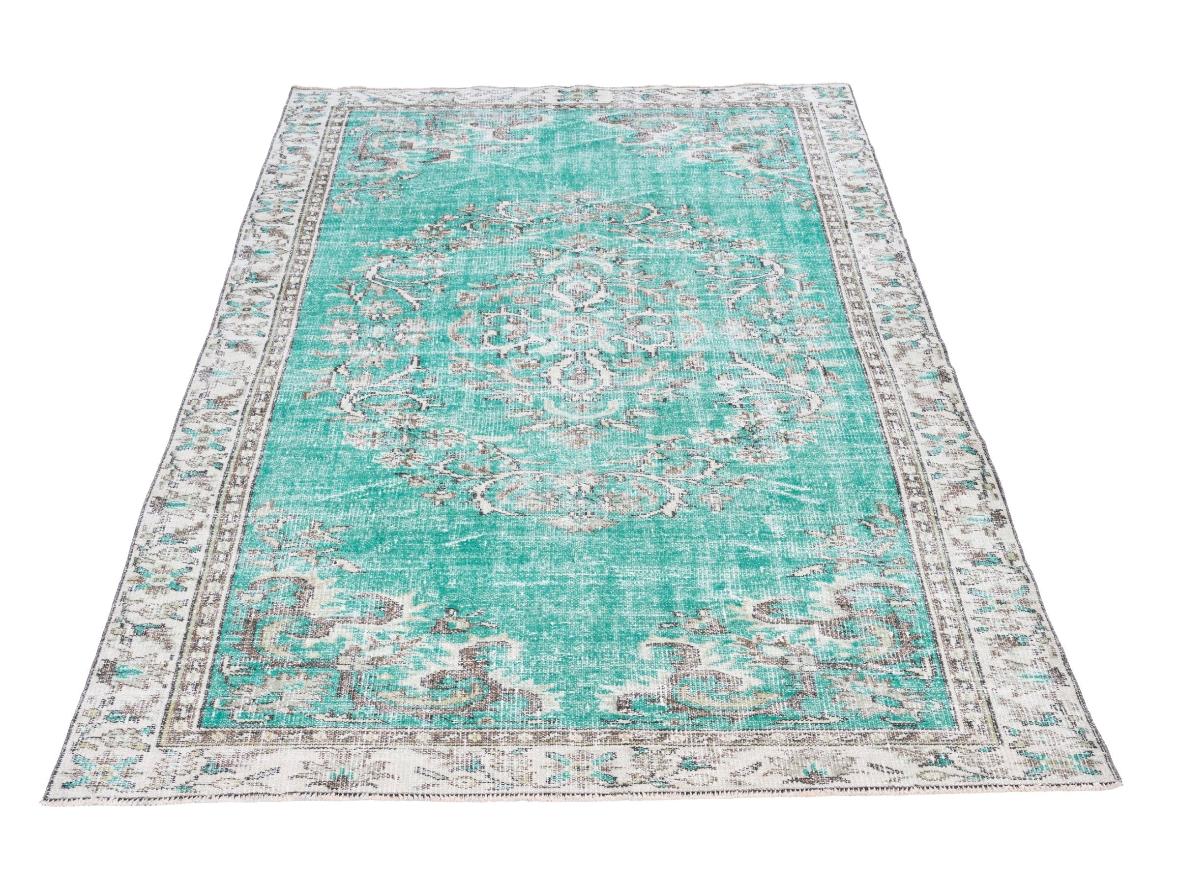 Turkish Manisa area rug in turquoise and cream, view 2 of 10