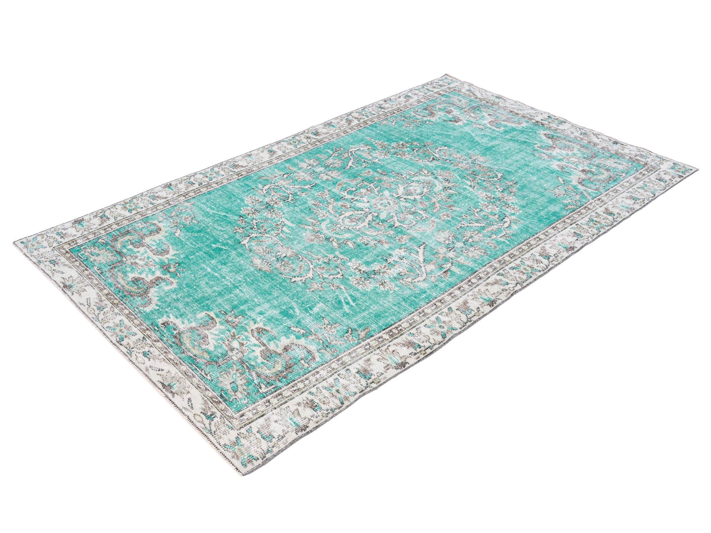 Turkish Manisa area rug in turquoise and cream, view 3 of 10