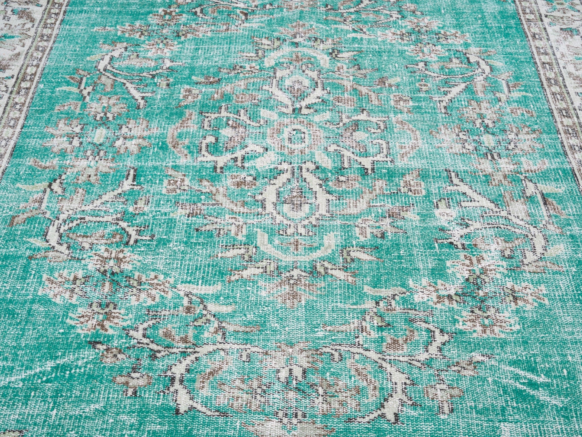 Turkish Manisa area rug in turquoise and cream, view 4 of 10