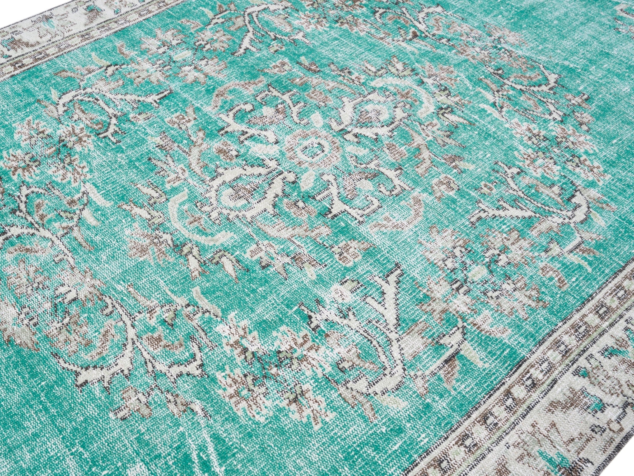 Turkish Manisa area rug in turquoise and cream, view 5 of 10