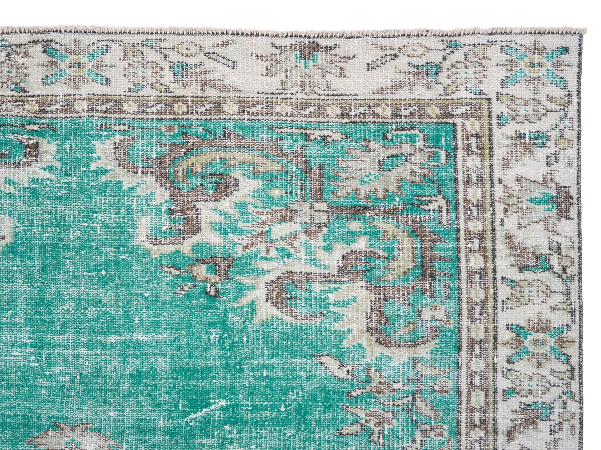 Turkish Manisa area rug in turquoise and cream, view 8 of 10