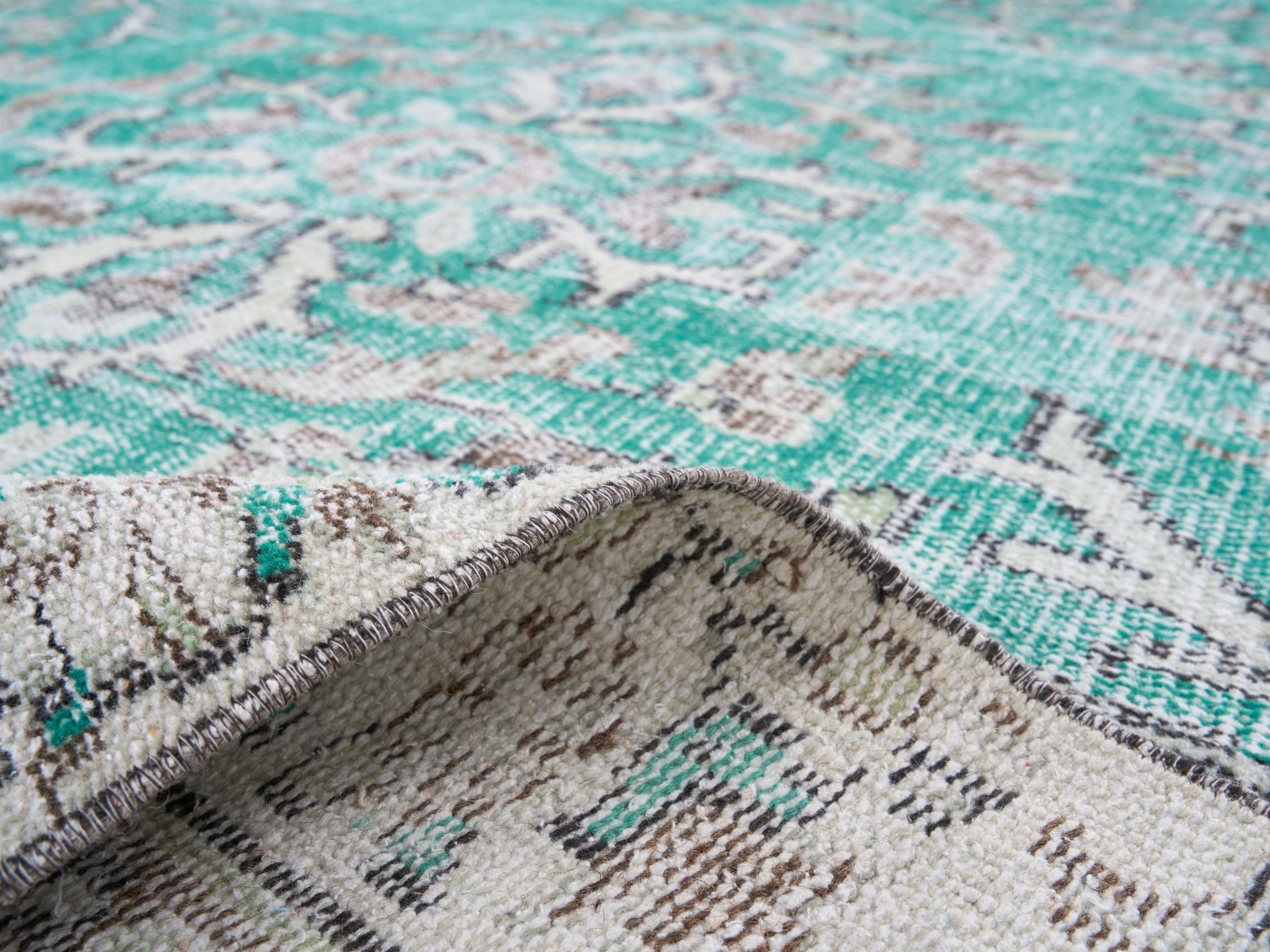Turkish Manisa area rug in turquoise and cream, view 9 of 10