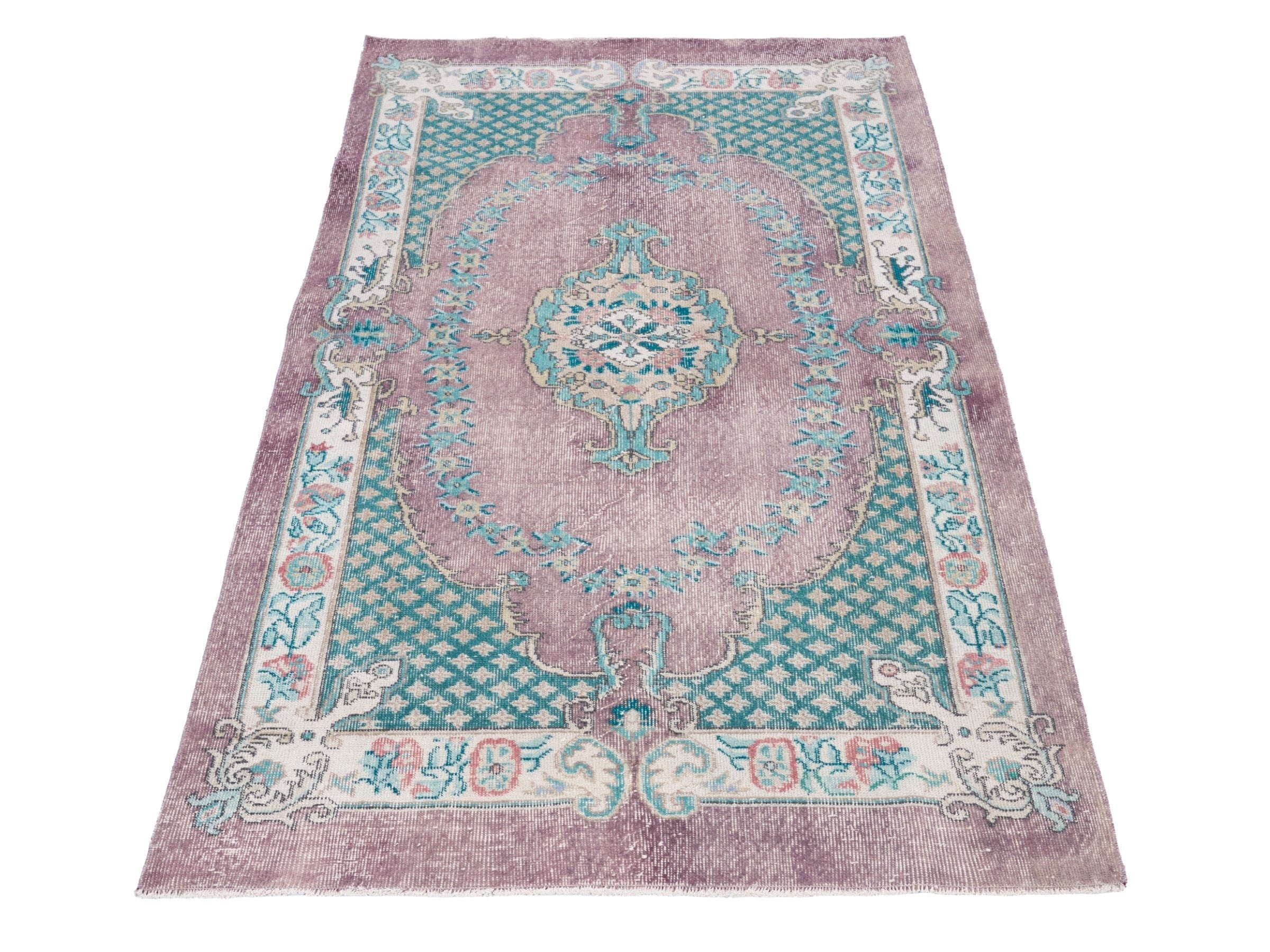 Turkish Isparta area rug in dusty rose and teal, view 2 of 10