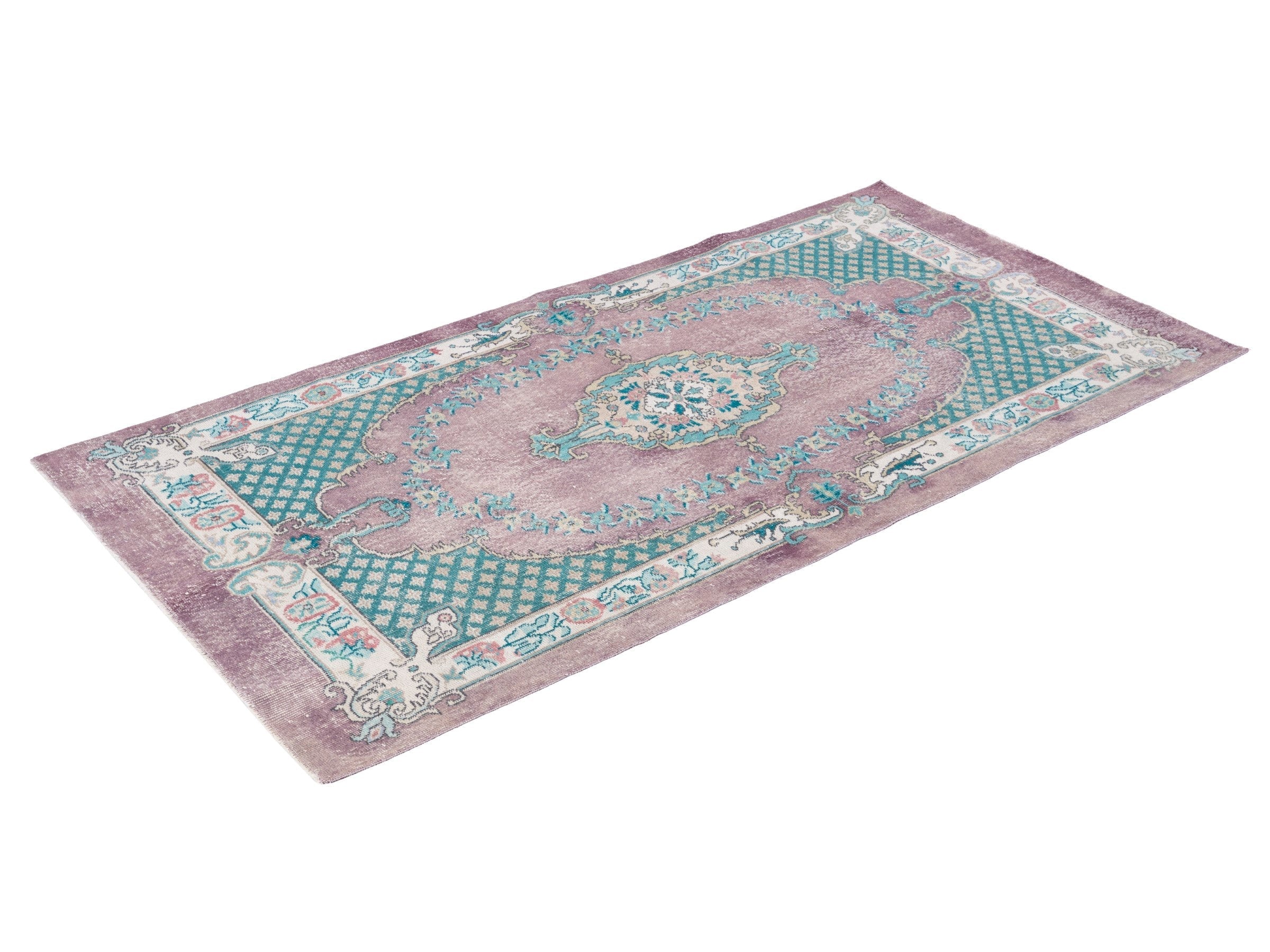Turkish Isparta area rug in dusty rose and teal, view 3 of 10