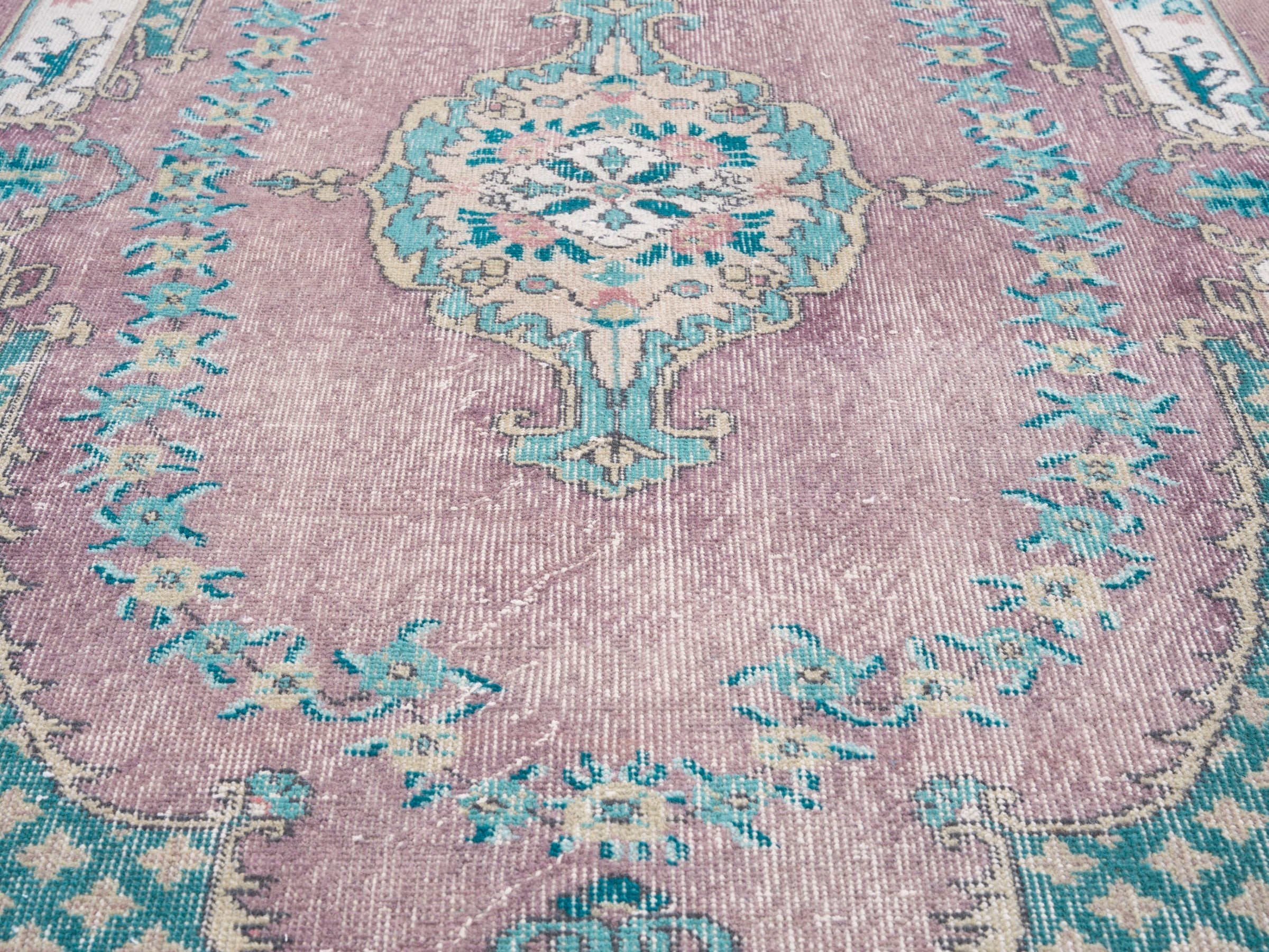 Turkish Isparta area rug in dusty rose and teal, view 4 of 10