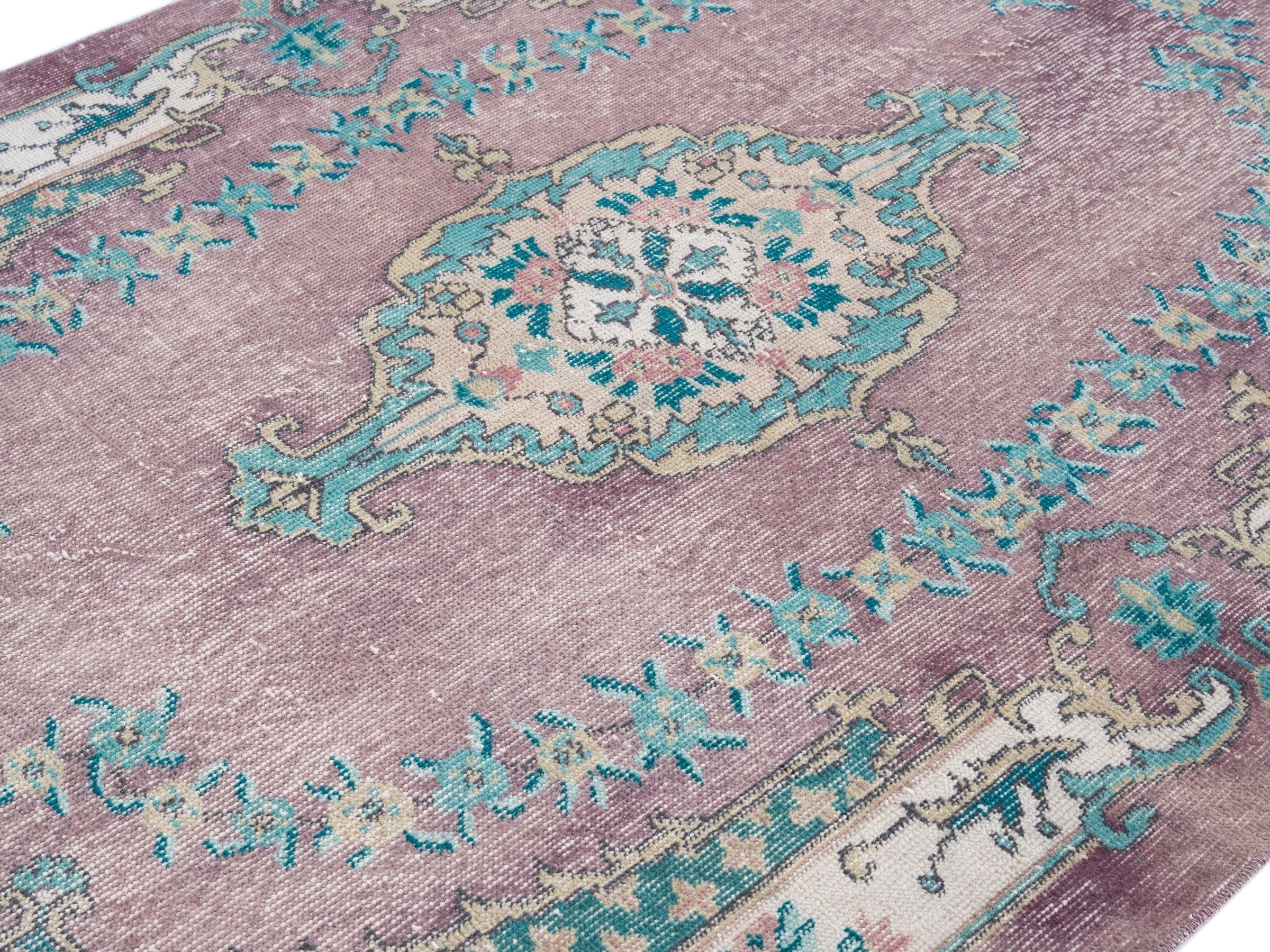 Turkish Isparta area rug in dusty rose and teal, view 5 of 10