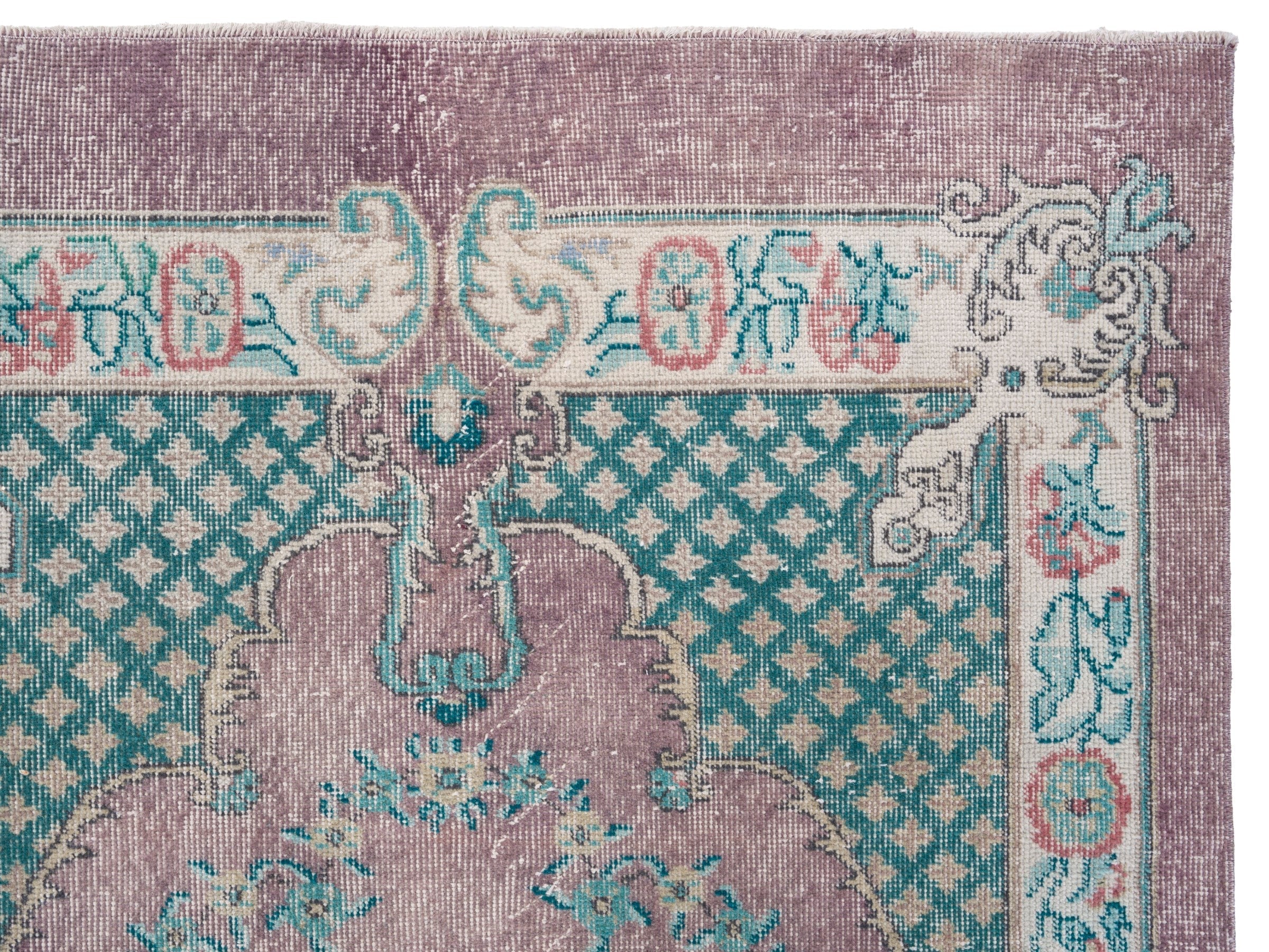 Turkish Isparta area rug in dusty rose and teal, view 8 of 10