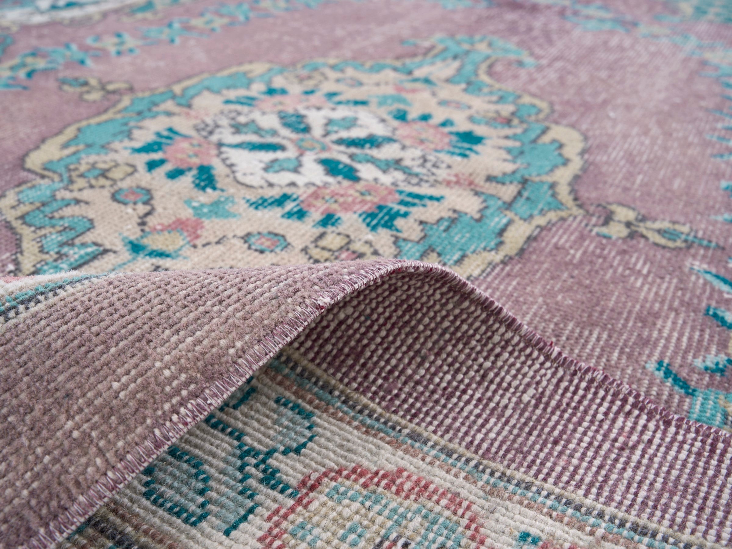 Turkish Isparta area rug in dusty rose and teal, view 9 of 10