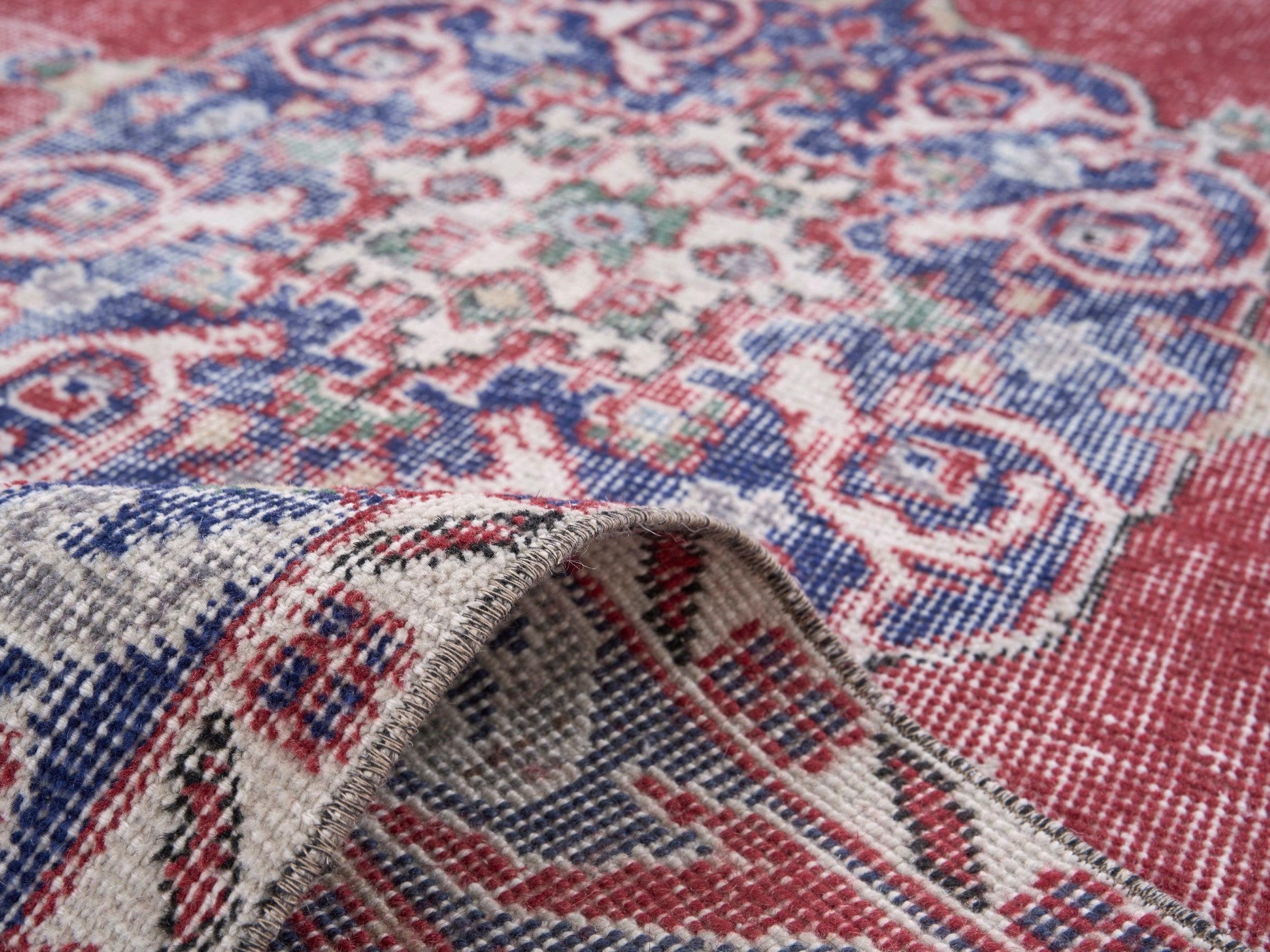 Turkish Isparta runner rug in faded red and navy, view 9 of 10