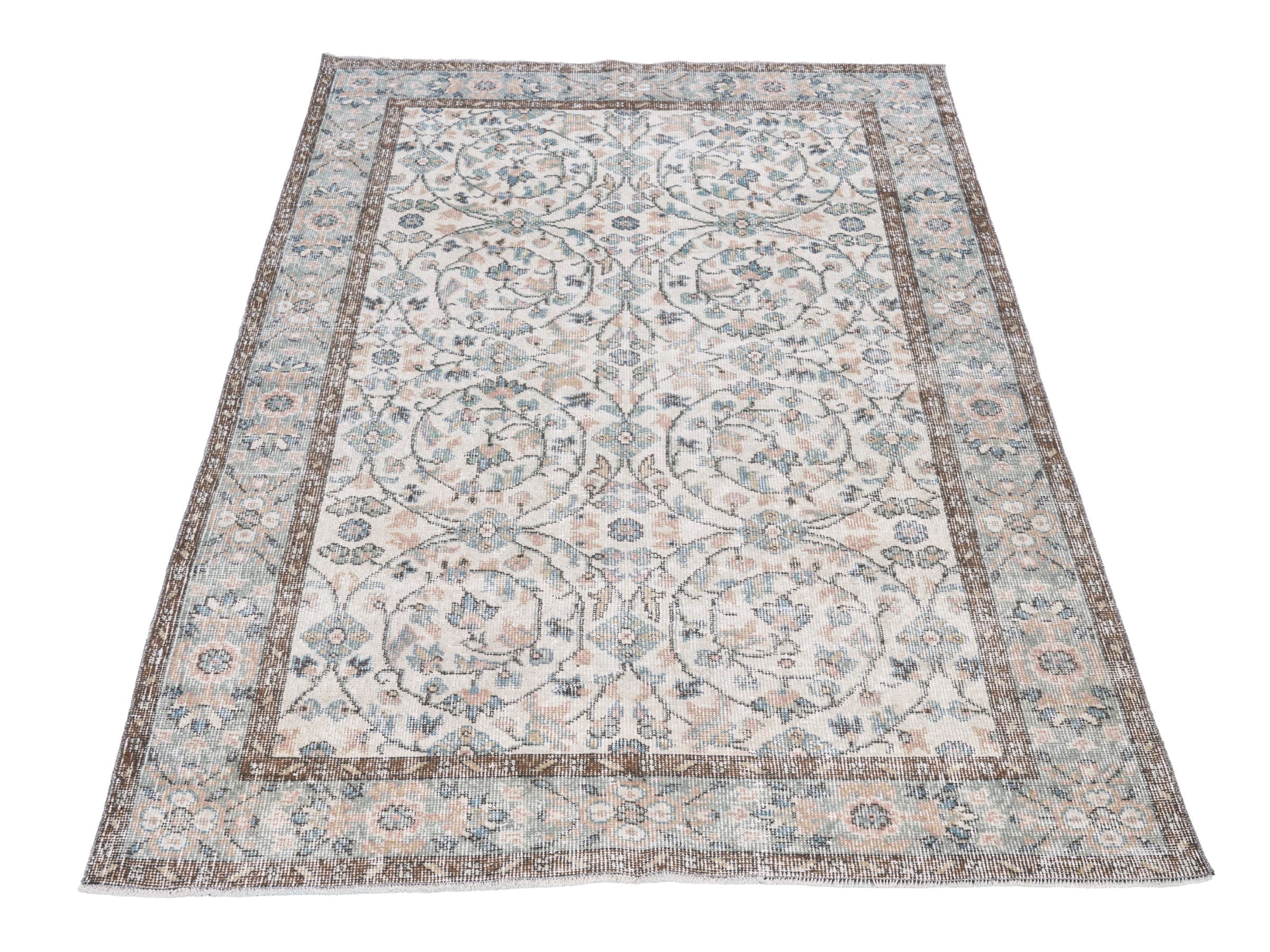 Turkish Isparta area rug in cream and dusty blue, view 2 of 10