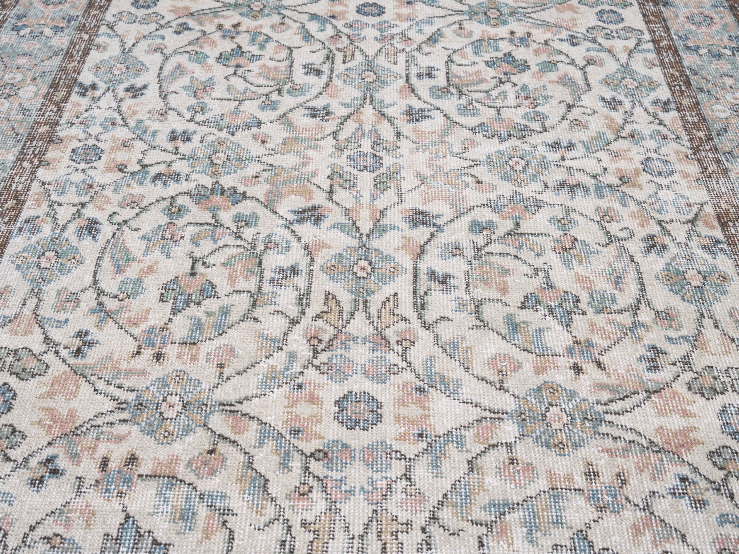 Turkish Isparta area rug in cream and dusty blue, view 4 of 10