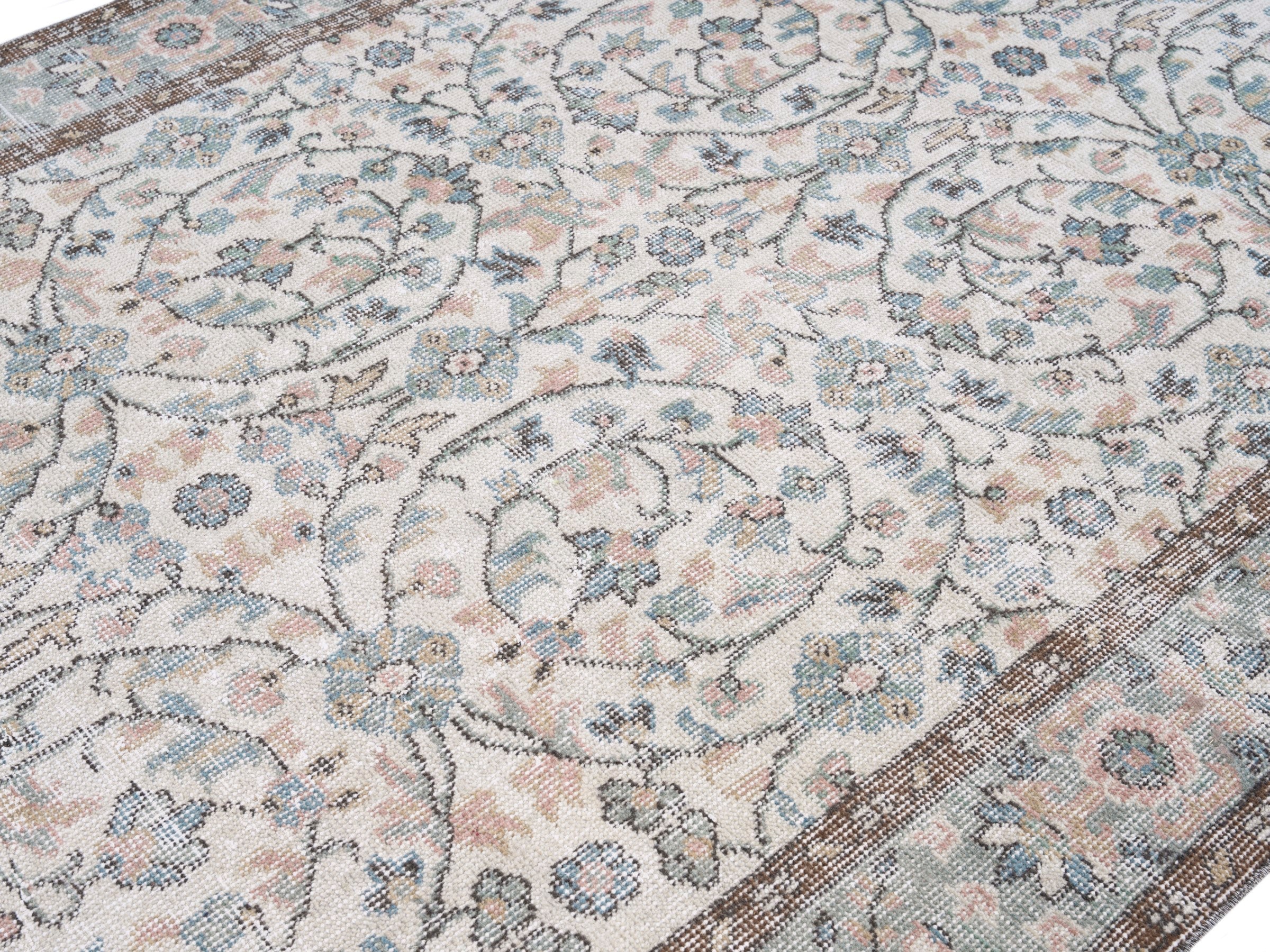 Turkish Isparta area rug in cream and dusty blue, view 5 of 10