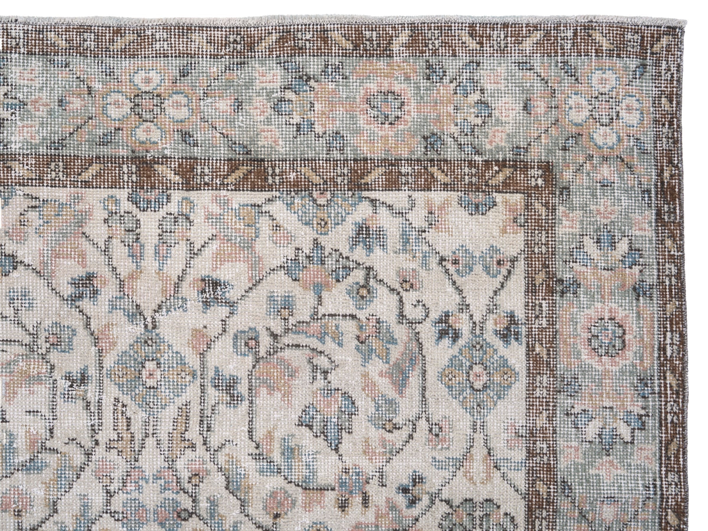 Turkish Isparta area rug in cream and dusty blue, view 8 of 10
