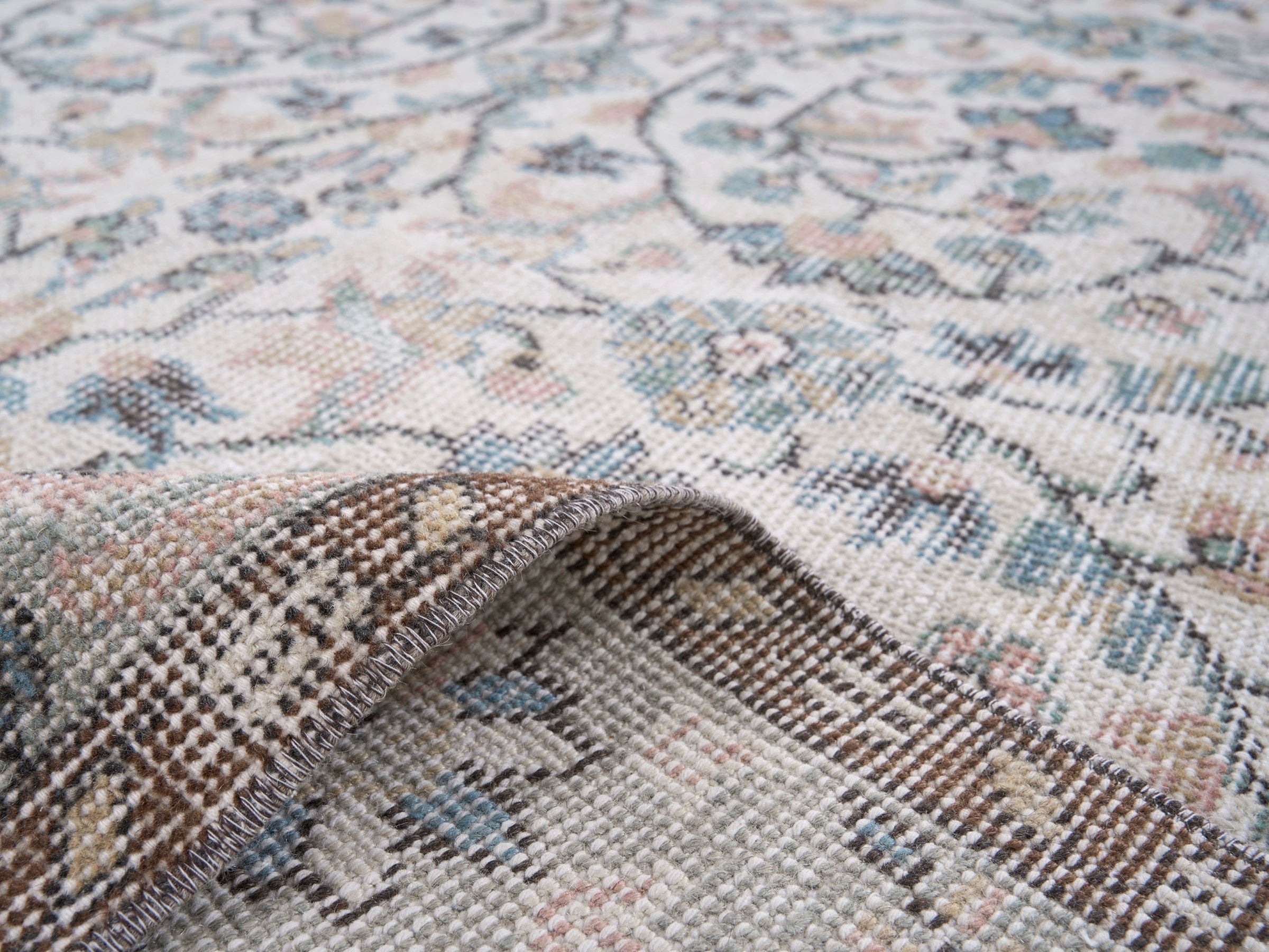 Turkish Isparta area rug in cream and dusty blue, view 9 of 10