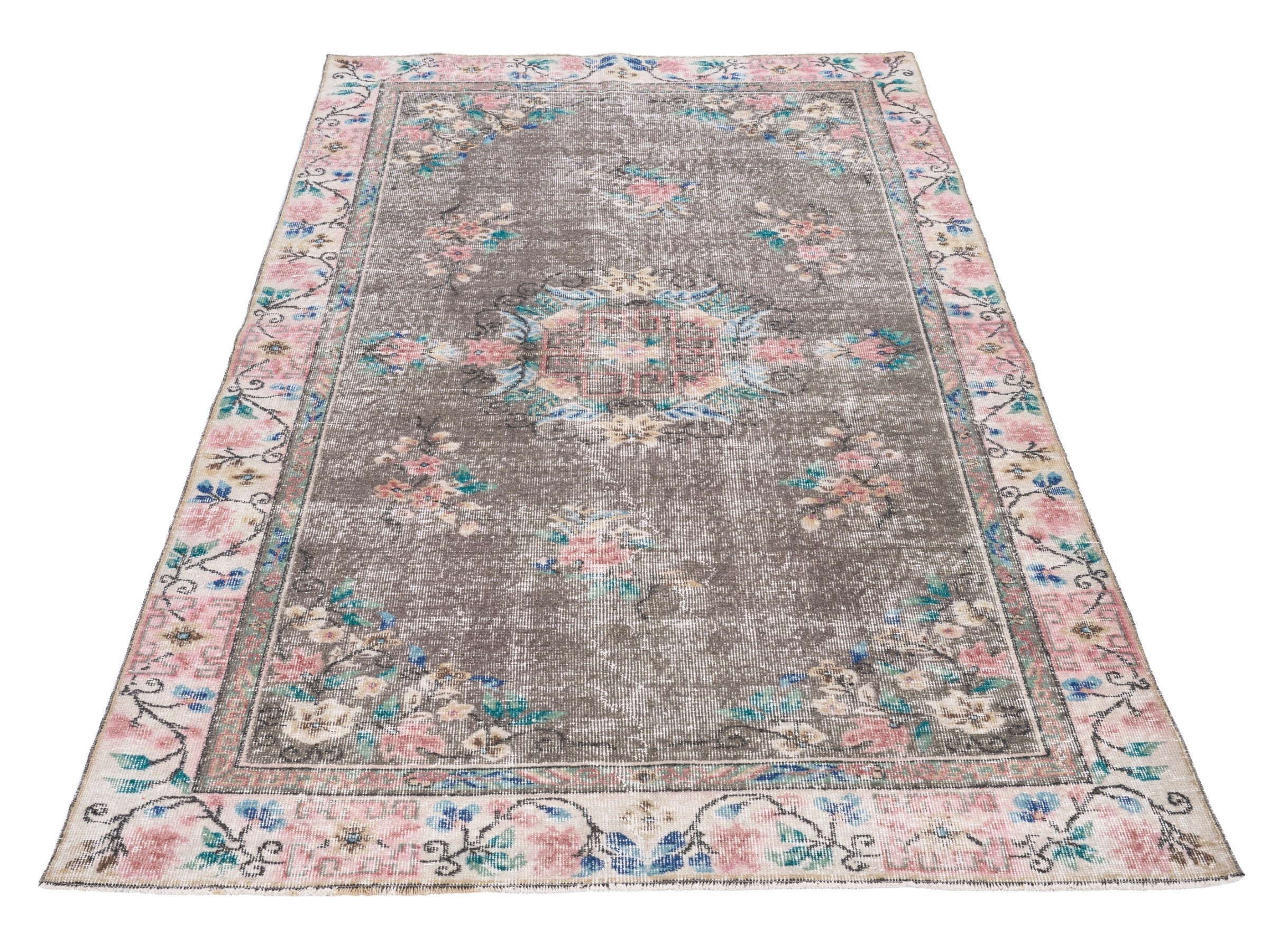 Turkish Isparta area rug in charcoal and muted pink, view 2 of 10