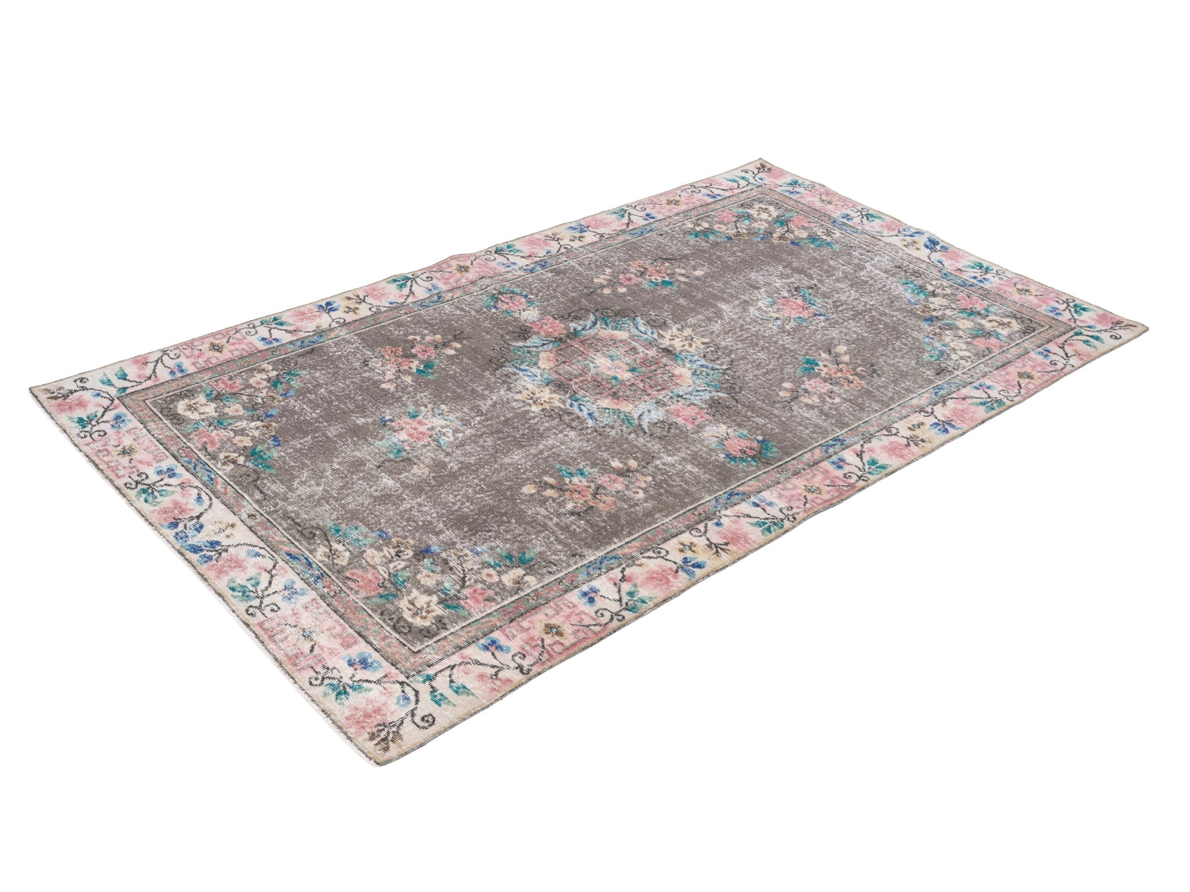 Turkish Isparta area rug in charcoal and muted pink, view 3 of 10