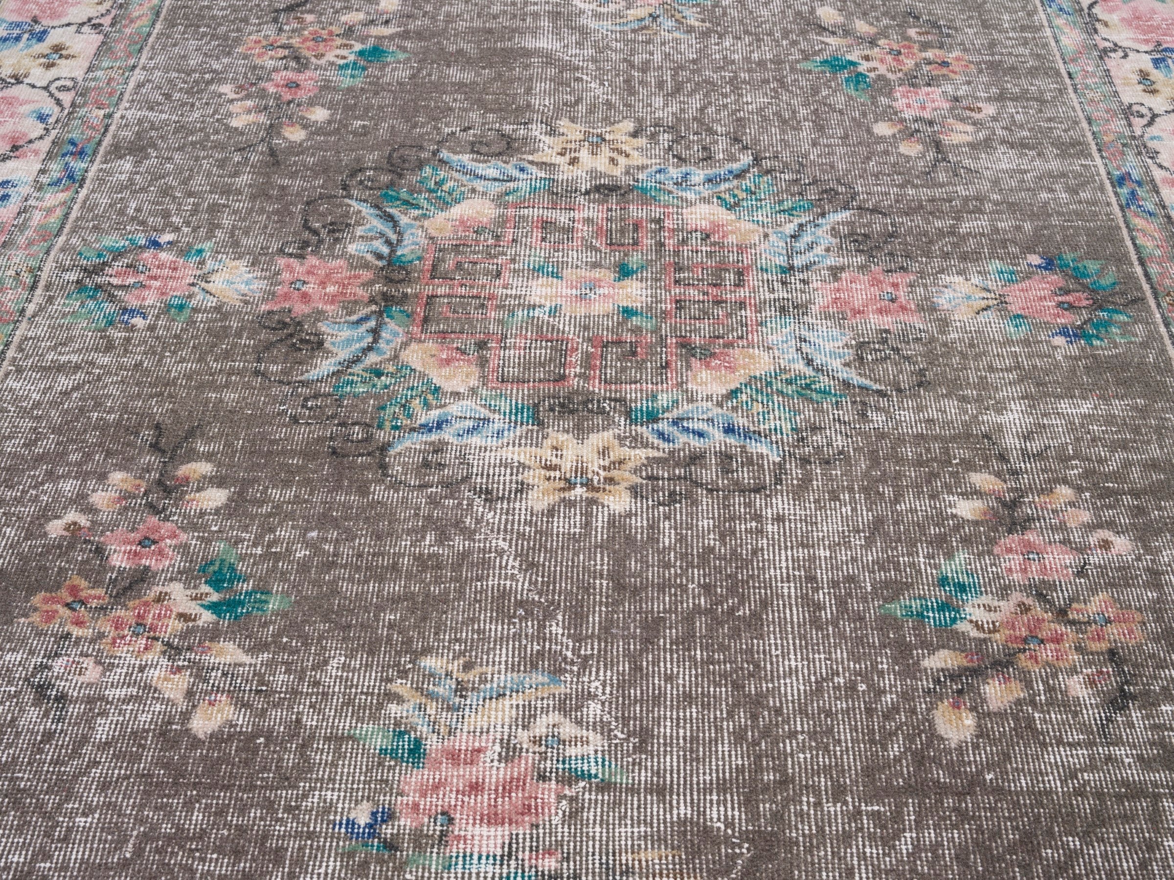Turkish Isparta area rug in charcoal and muted pink, view 4 of 10