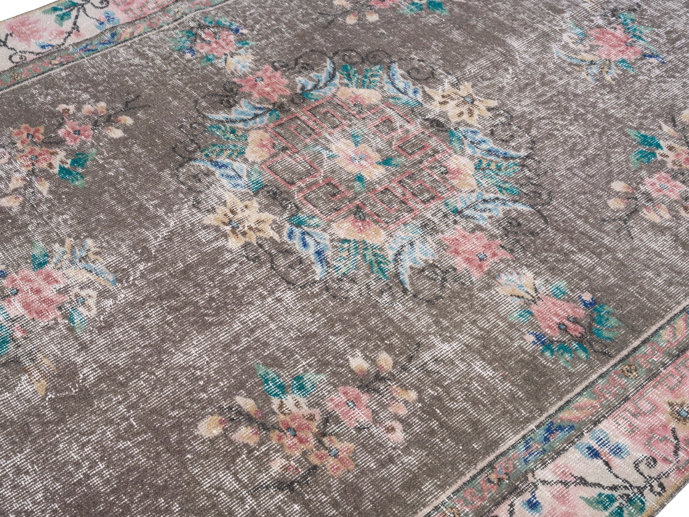 Turkish Isparta area rug in charcoal and muted pink, view 5 of 10