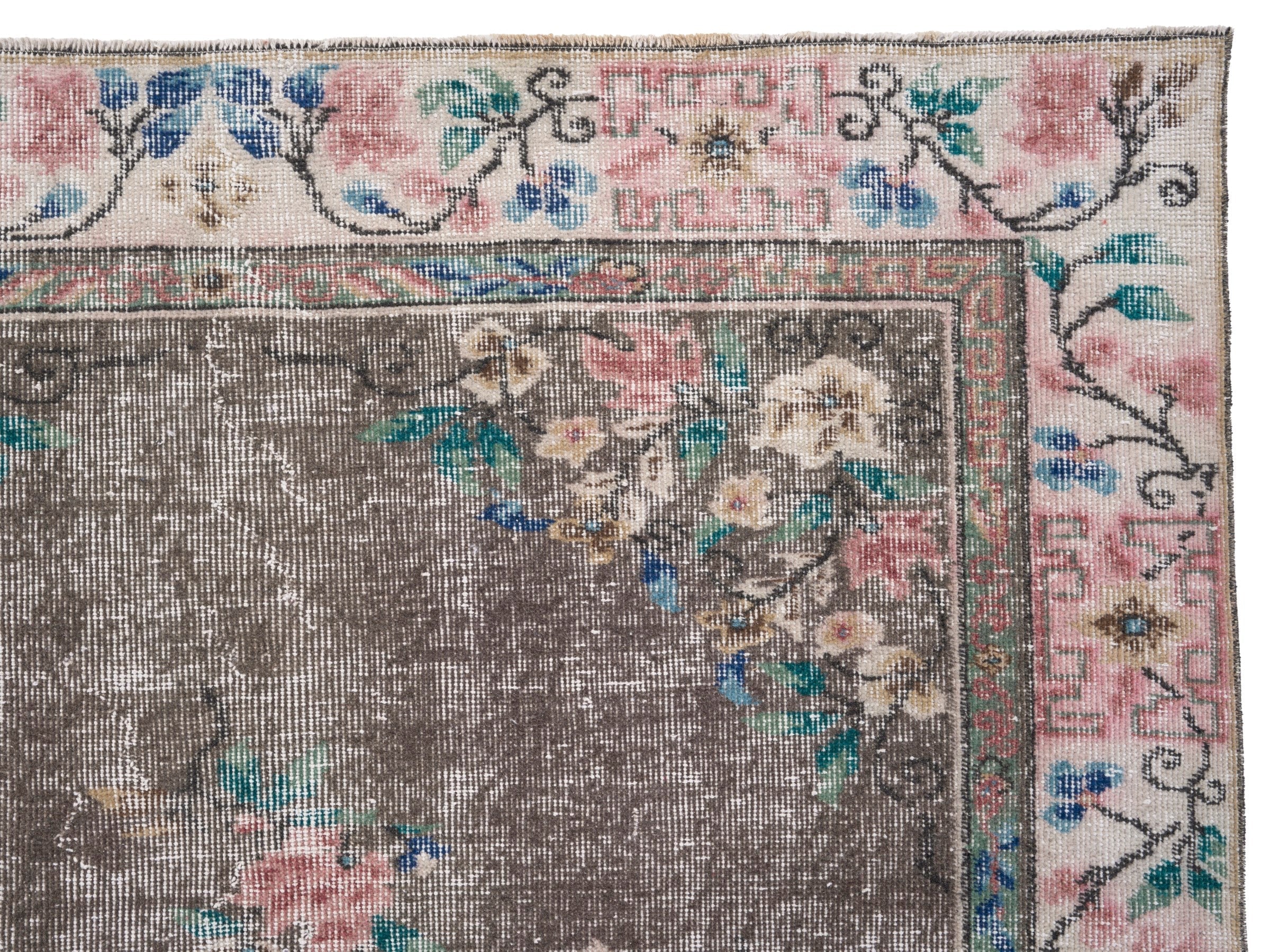 Turkish Isparta area rug in charcoal and muted pink, view 8 of 10