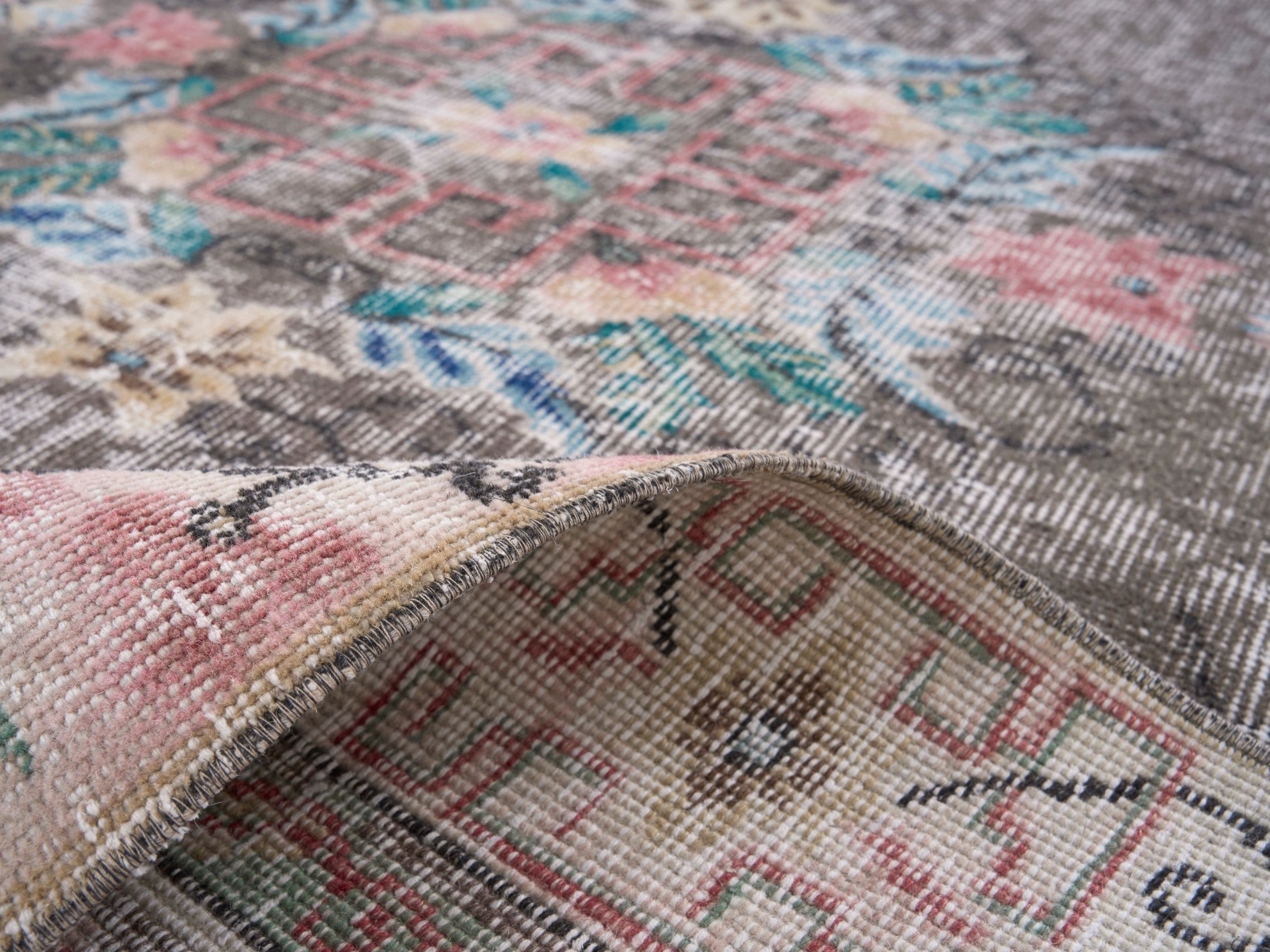 Turkish Isparta area rug in charcoal and muted pink, view 9 of 10
