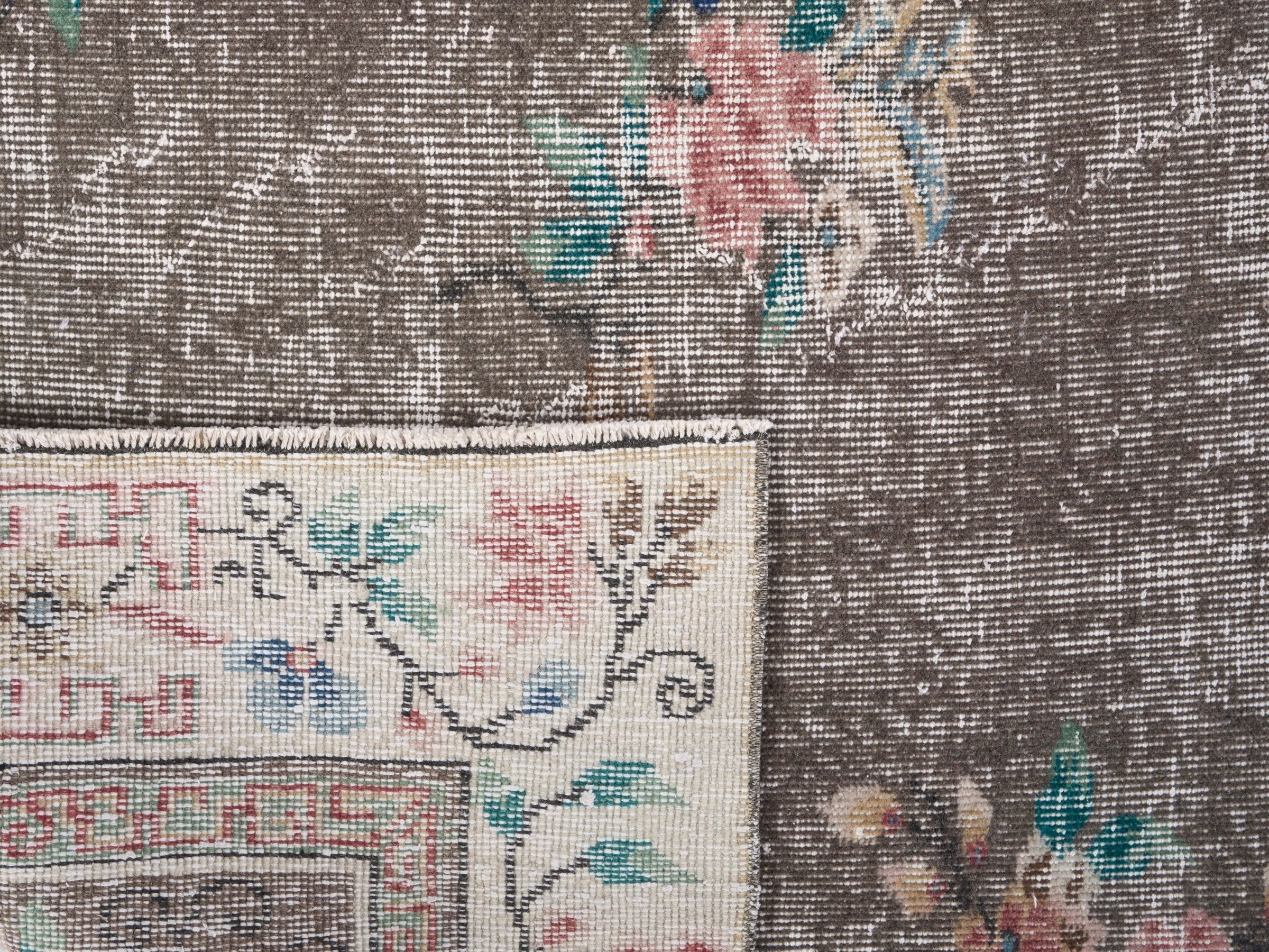 Turkish Isparta area rug in charcoal and muted pink, view 10 of 10