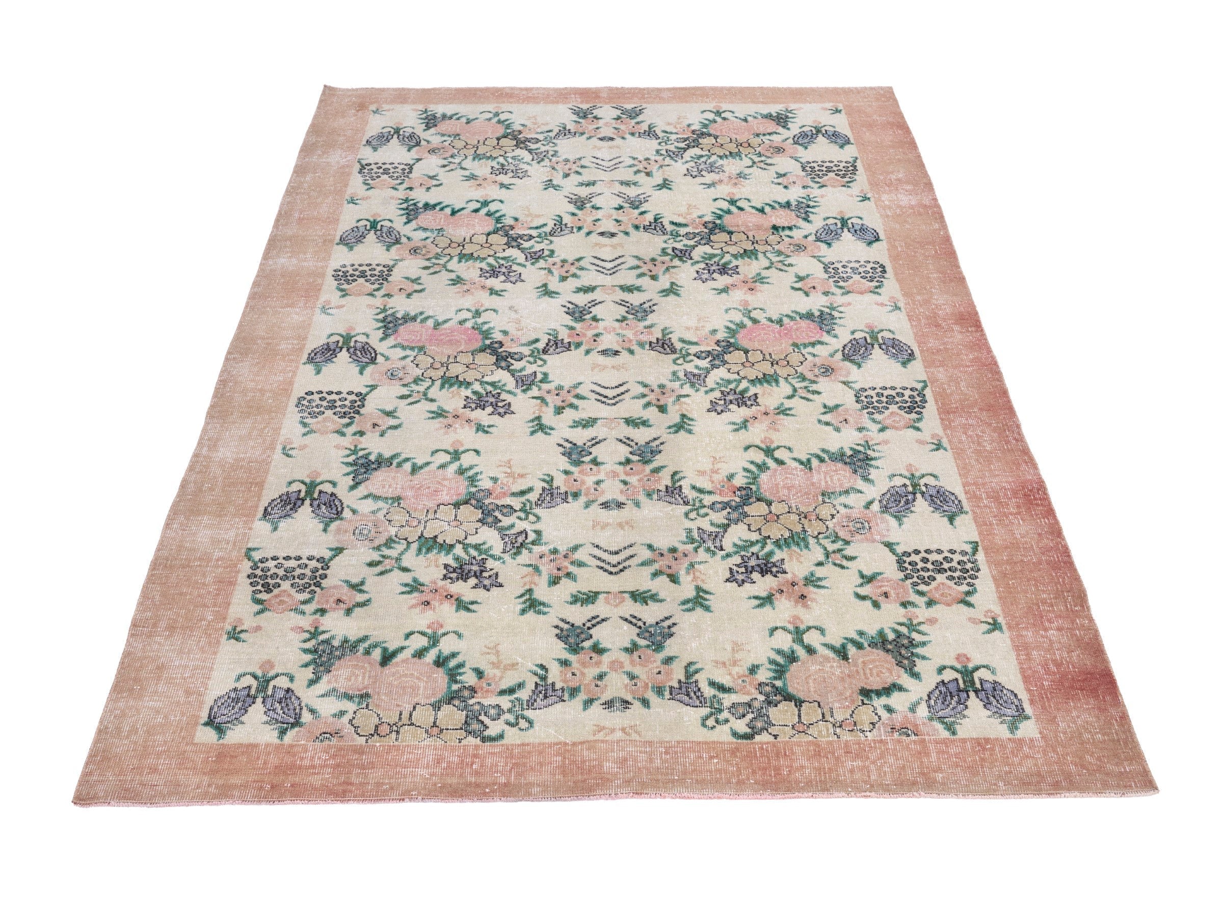 Turkish Isparta area rug in cream and dusty rose, view 2 of 10
