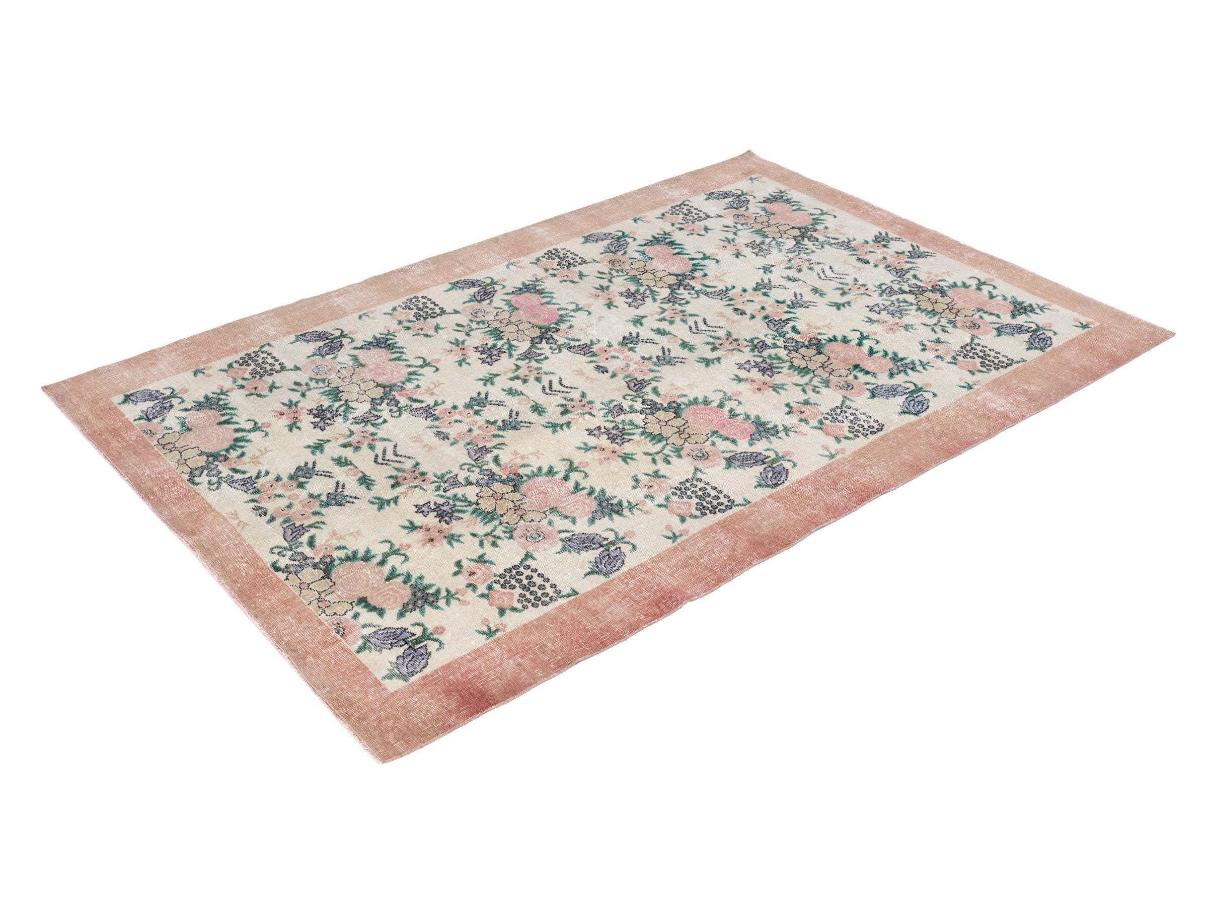 Turkish Isparta area rug in cream and dusty rose, view 3 of 10