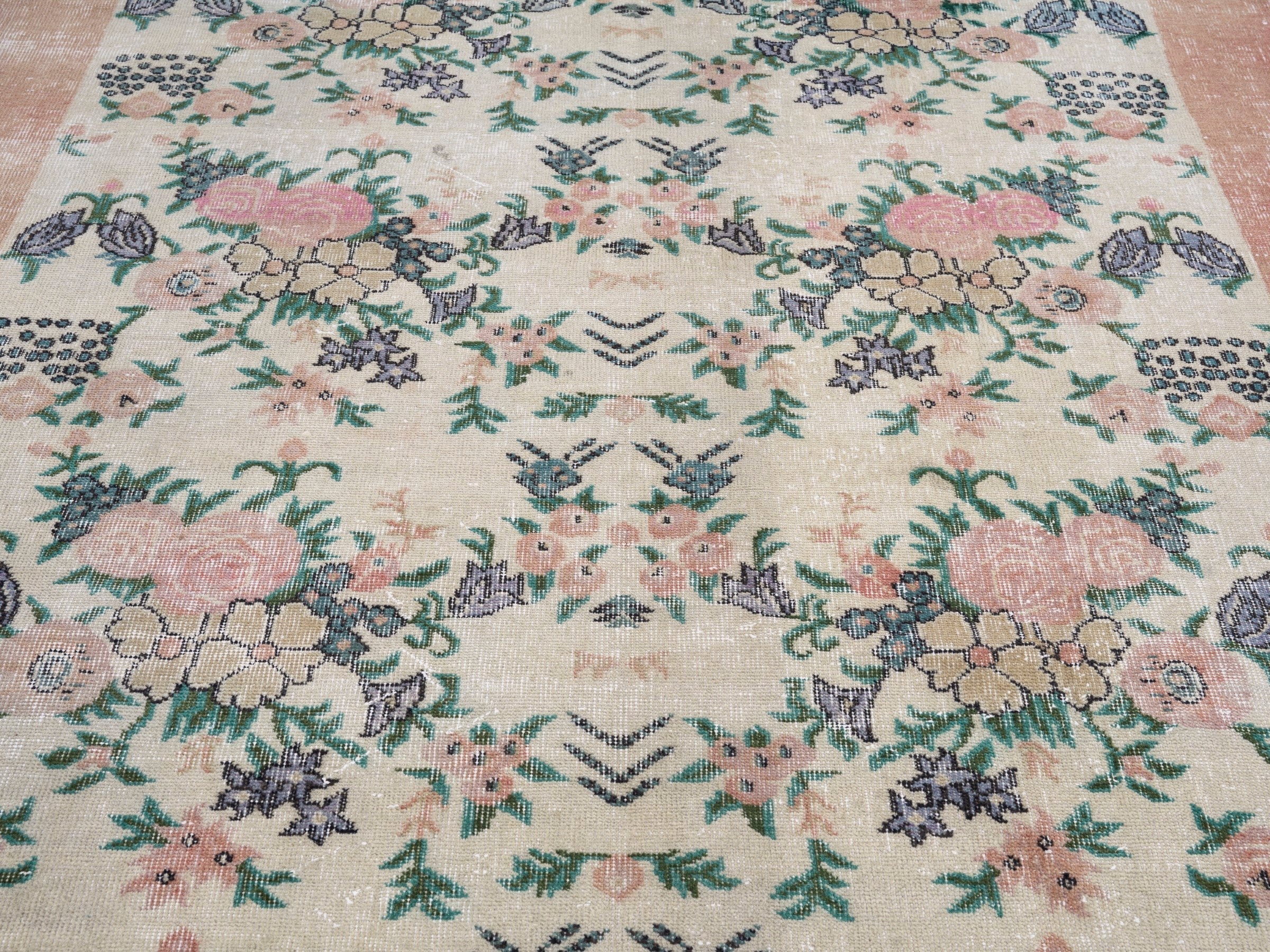 Turkish Isparta area rug in cream and dusty rose, view 4 of 10