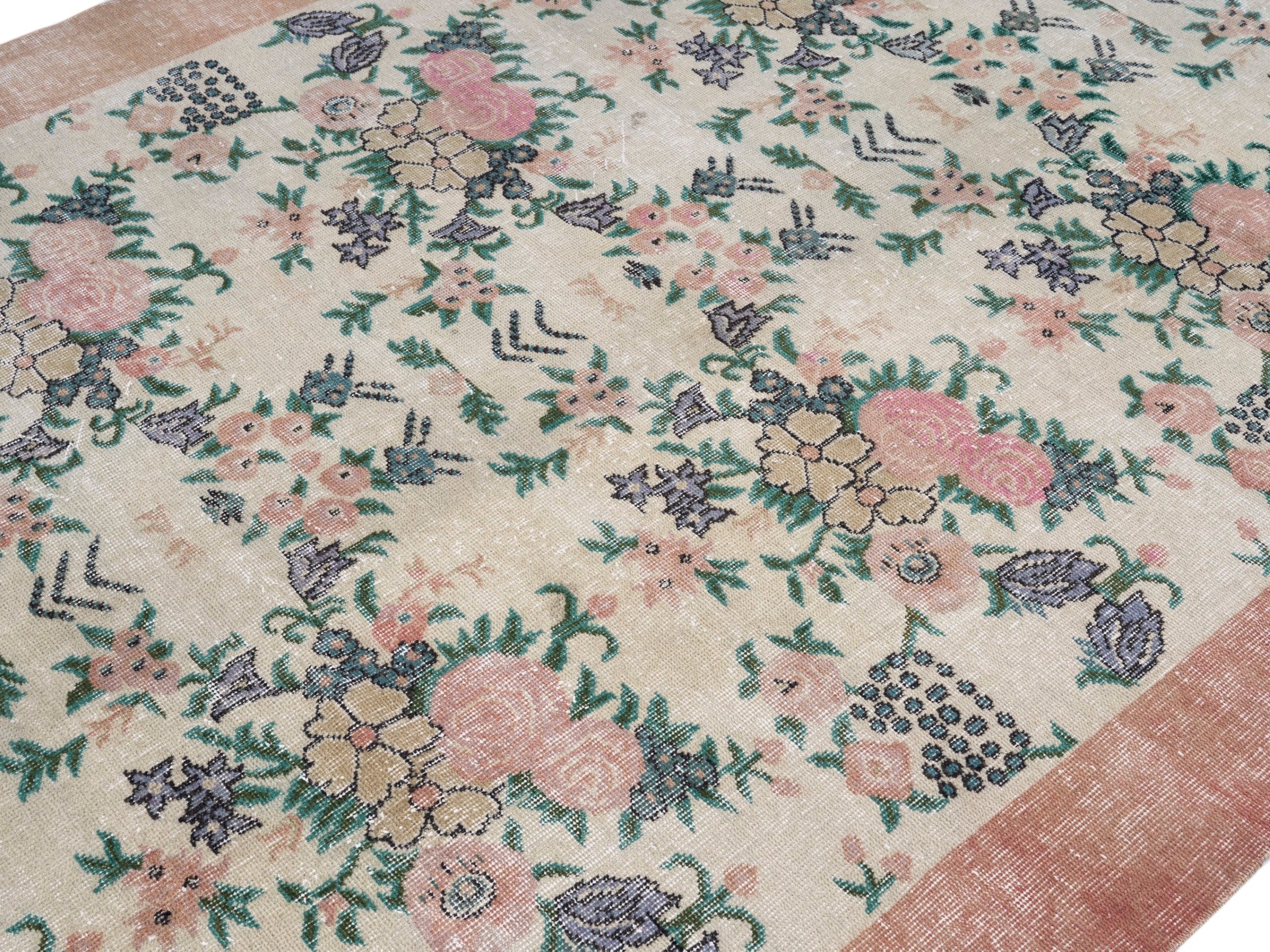 Turkish Isparta area rug in cream and dusty rose, view 5 of 10