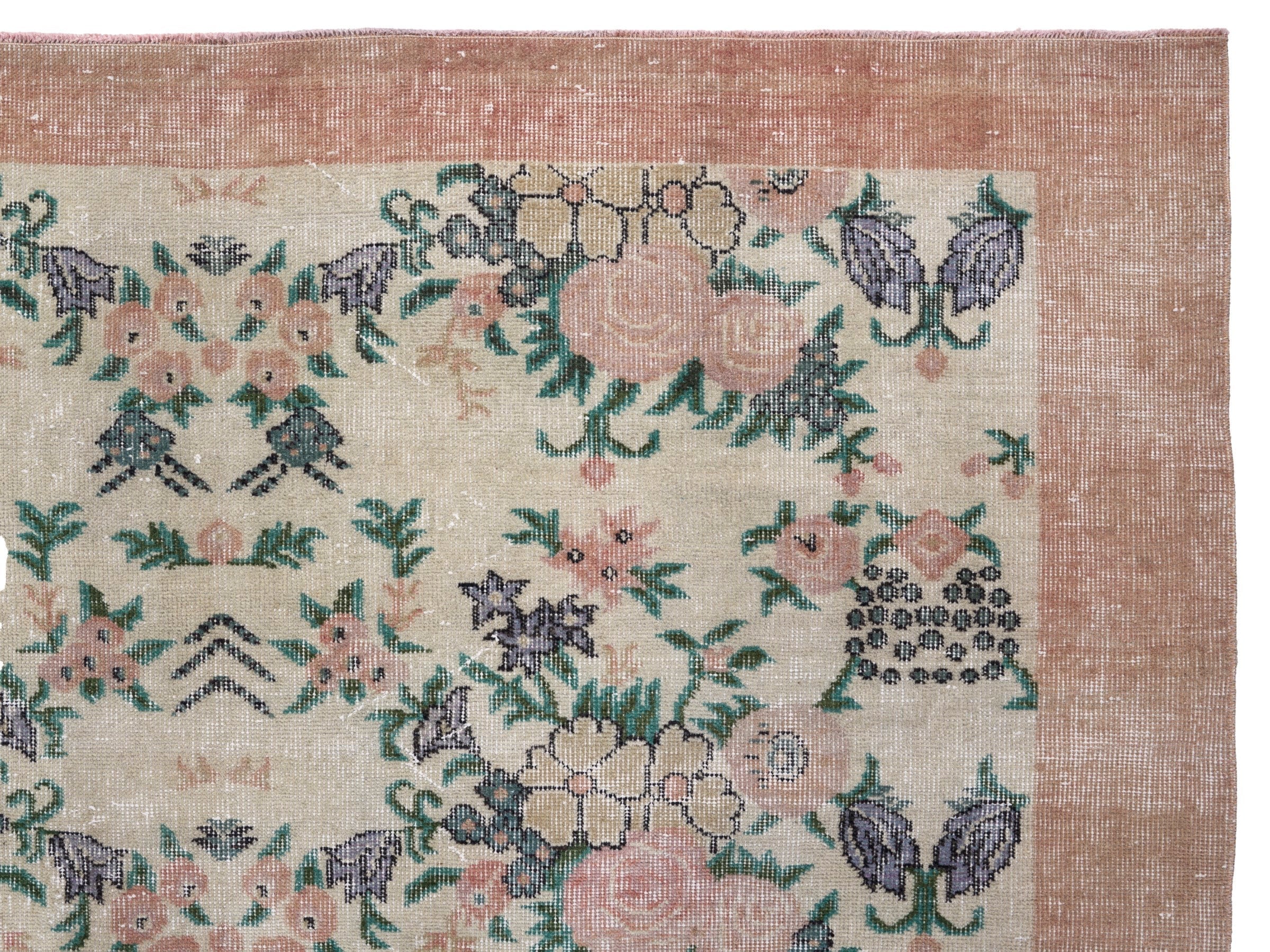 Turkish Isparta area rug in cream and dusty rose, view 8 of 10