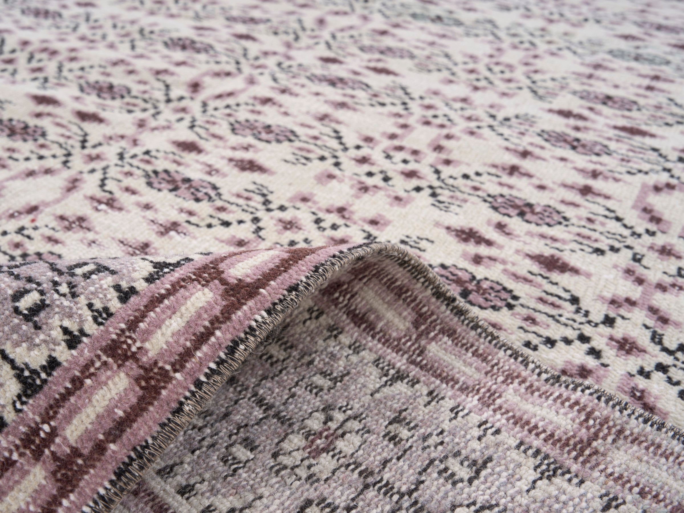 Turkish Manisa area rug in dusty rose and muted pink, view 9 of 10