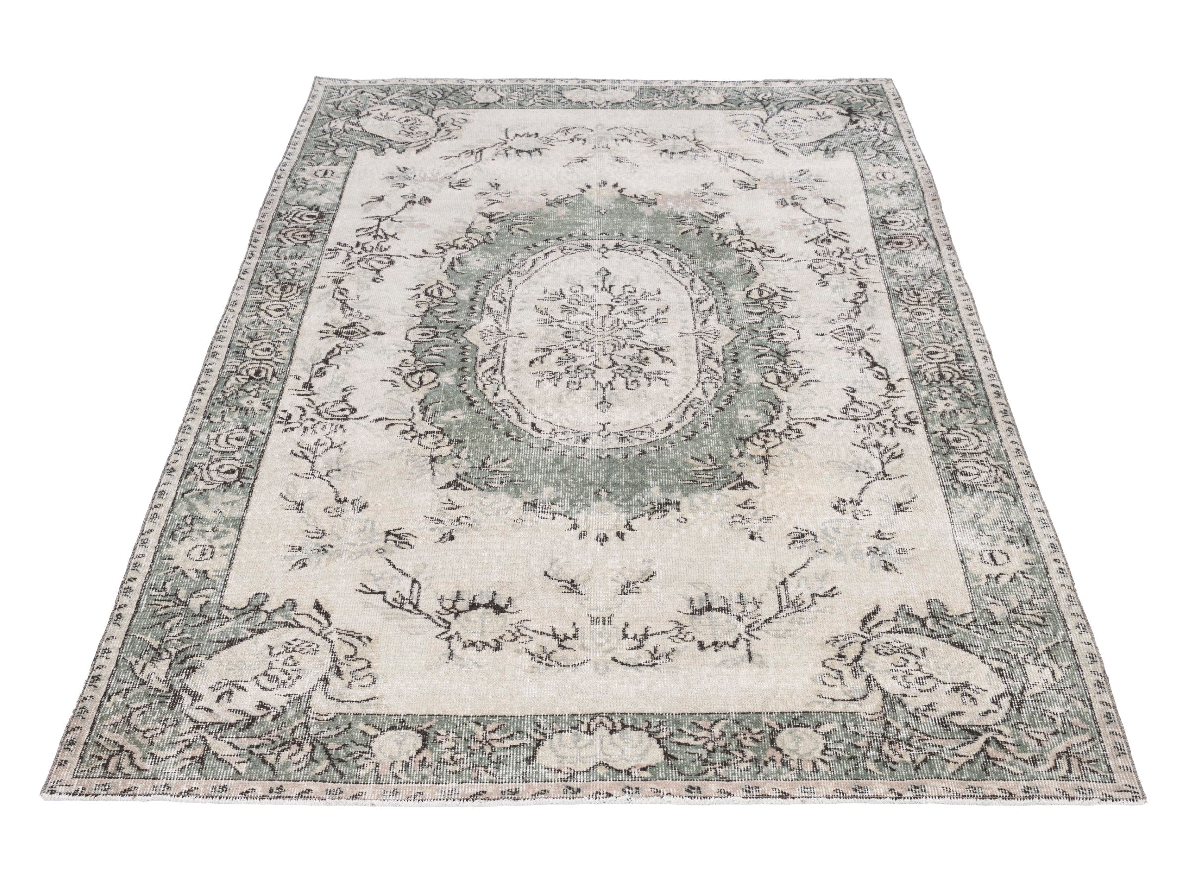 Turkish Isparta area rug in cream and sage, view 2 of 10