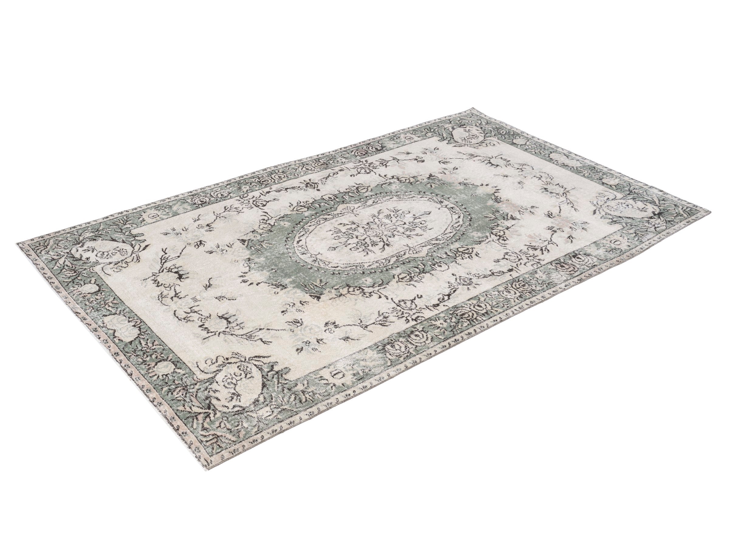 Turkish Isparta area rug in cream and sage, view 3 of 10