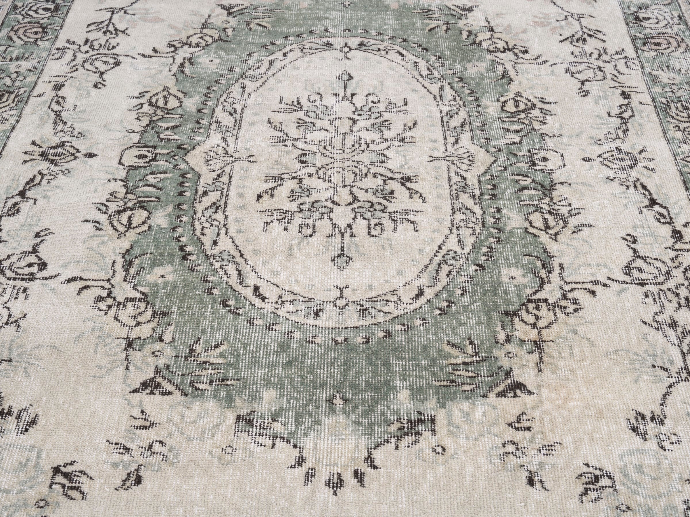 Turkish Isparta area rug in cream and sage, view 4 of 10