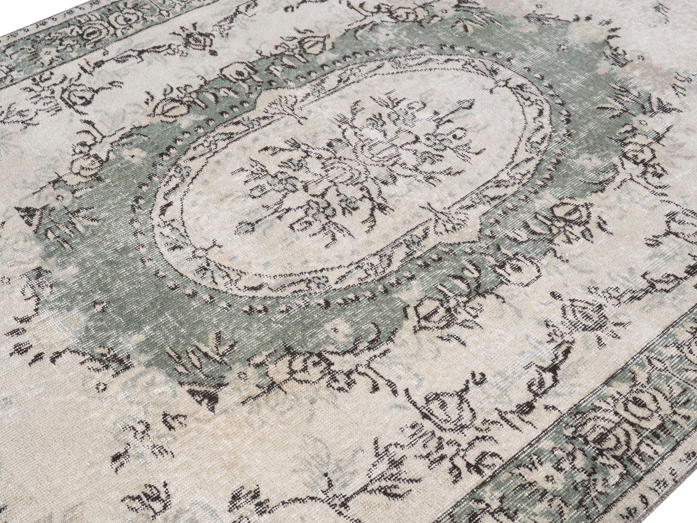 Turkish Isparta area rug in cream and sage, view 5 of 10