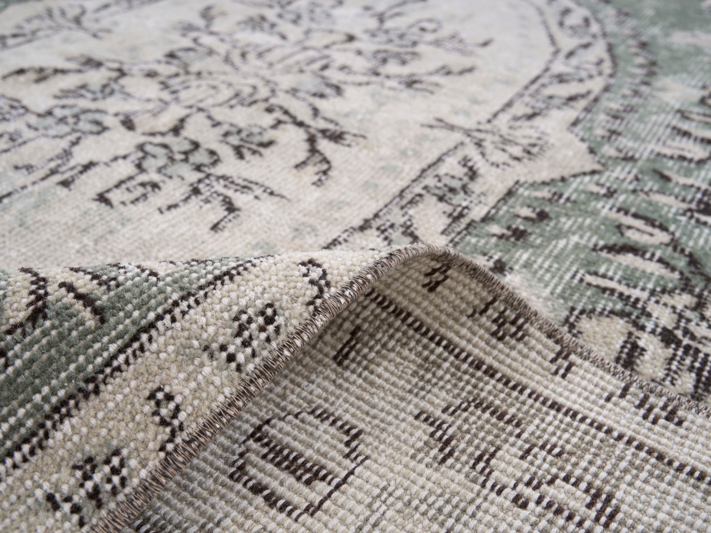 Turkish Isparta area rug in cream and sage, view 9 of 10