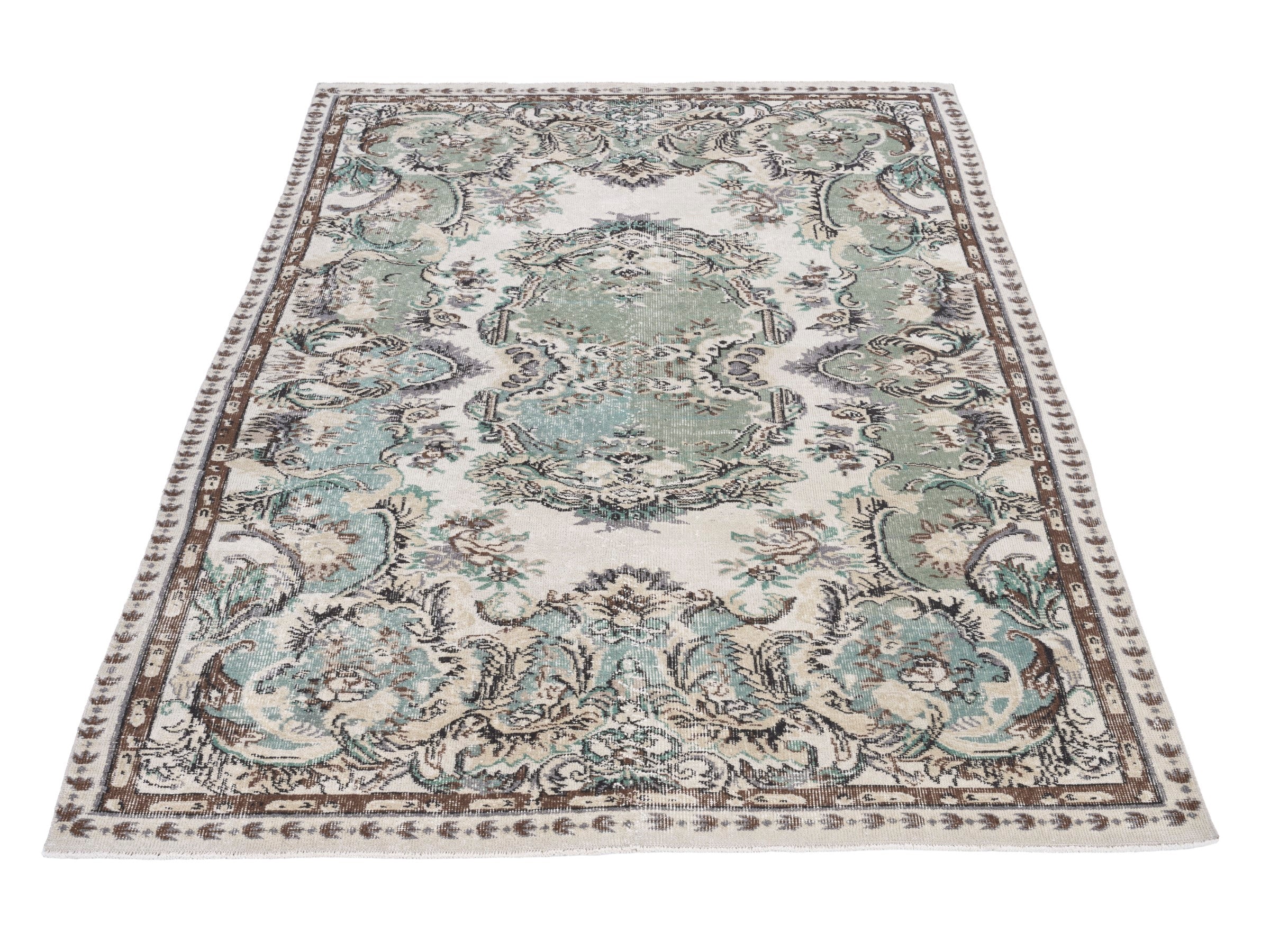 Turkish Isparta area rug in cream and sage, view 2 of 10