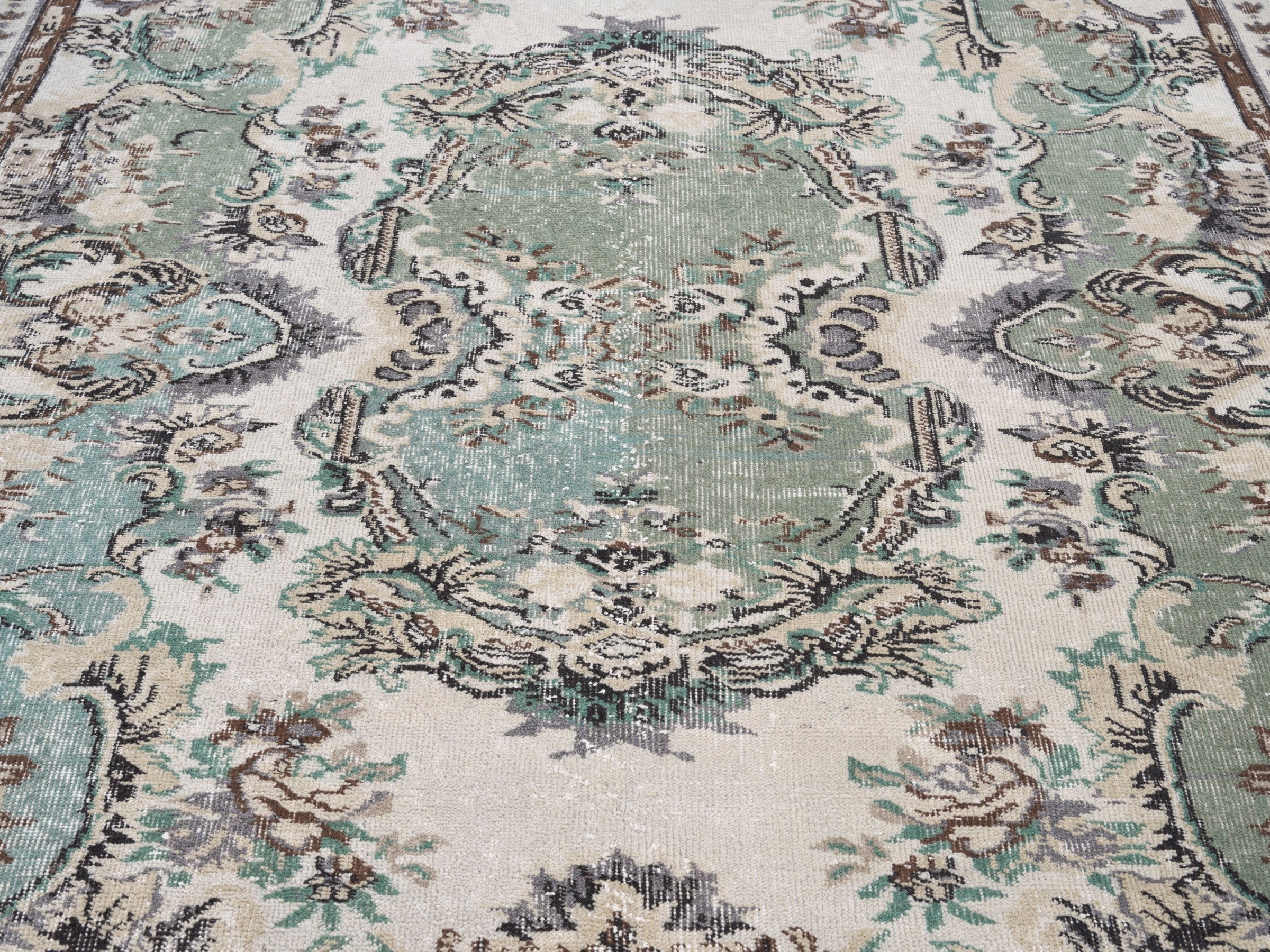 Turkish Isparta area rug in cream and sage, view 4 of 10