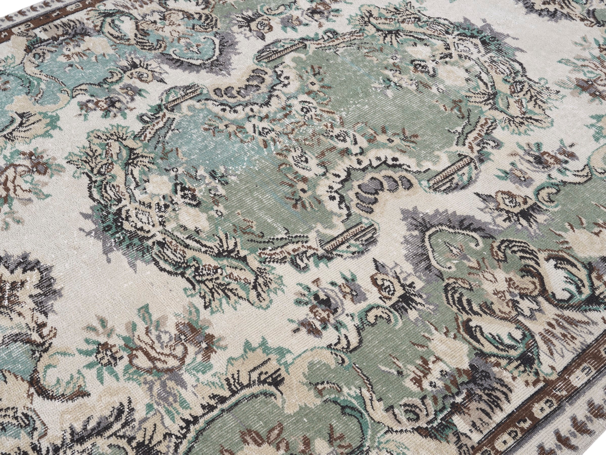 Turkish Isparta area rug in cream and sage, view 5 of 10