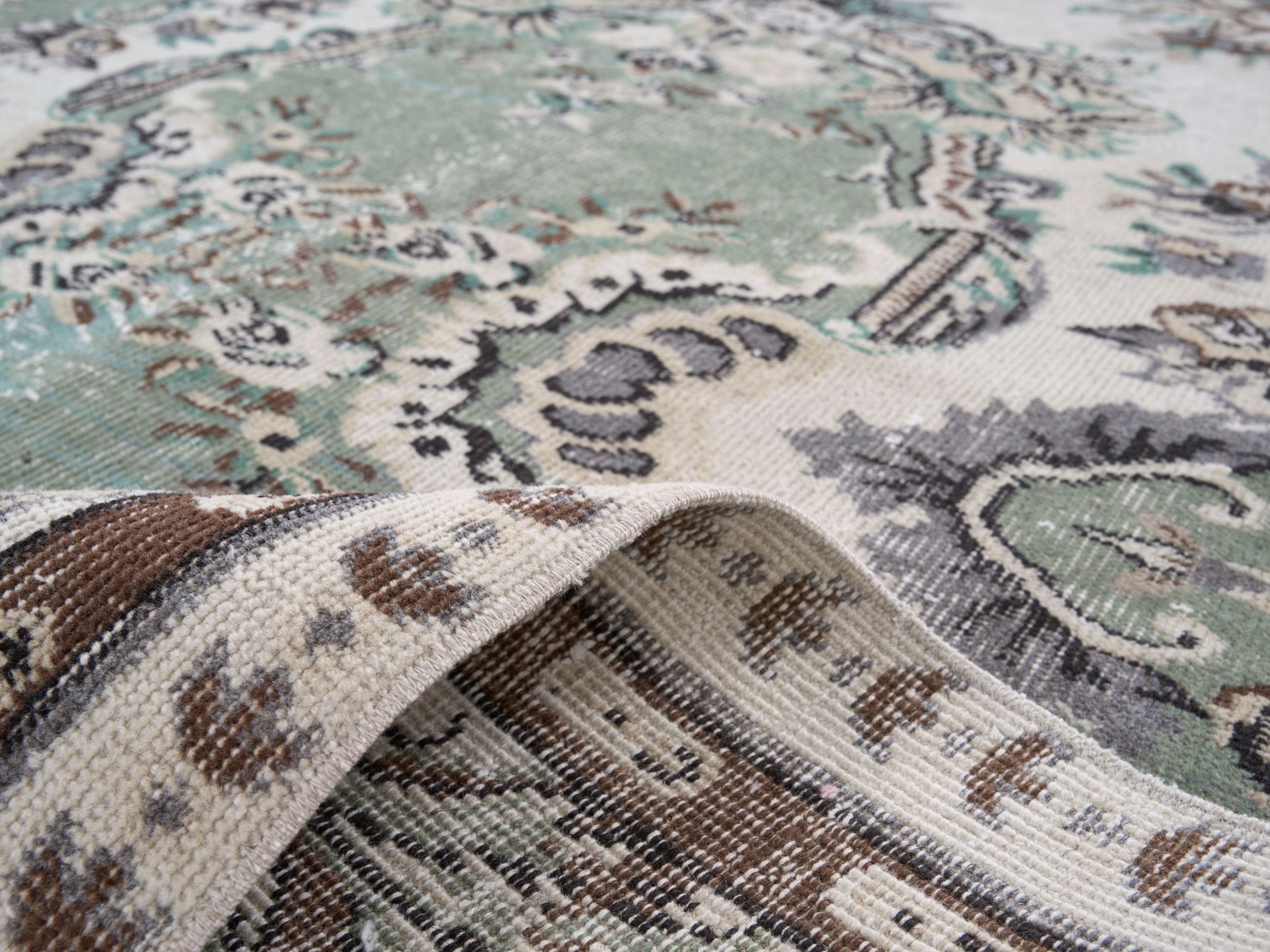 Turkish Isparta area rug in cream and sage, view 9 of 10