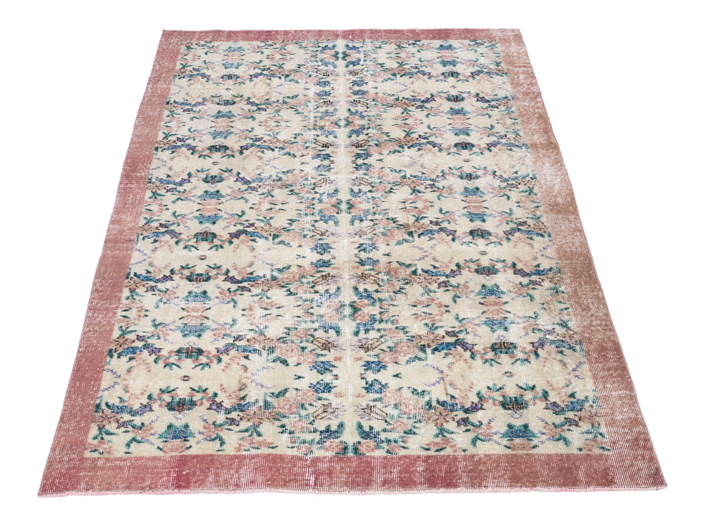 Turkish Isparta area rug in cream and faded red, view 2 of 10