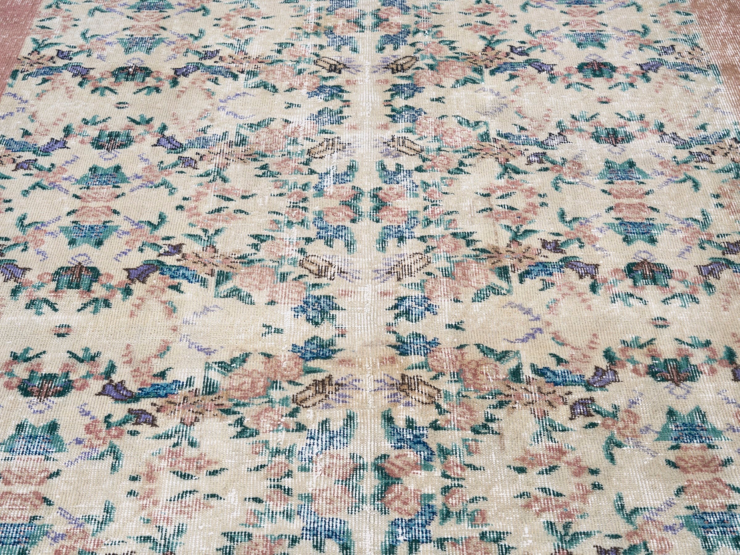 Turkish Isparta area rug in cream and faded red, view 4 of 10