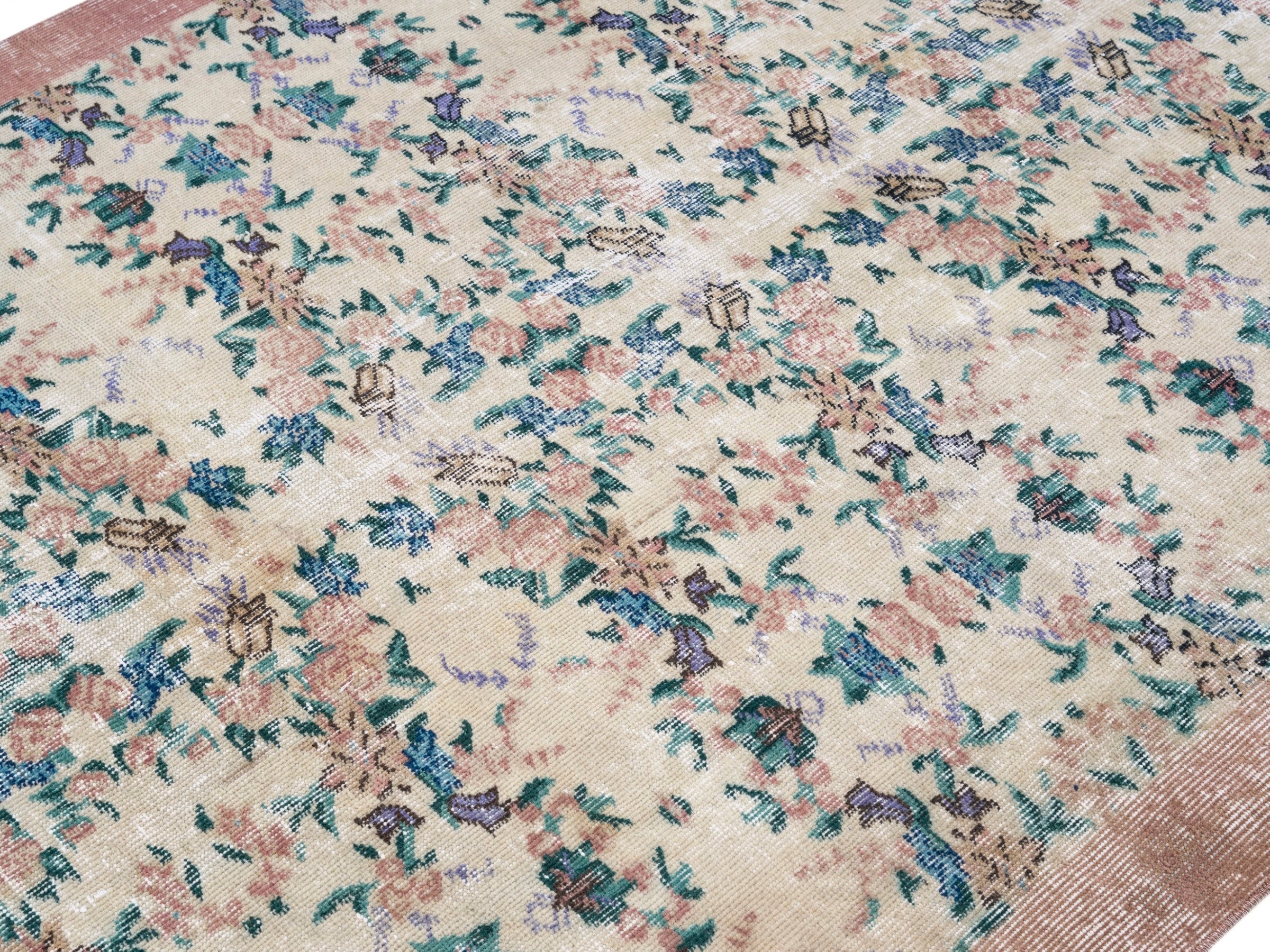 Turkish Isparta area rug in cream and faded red, view 5 of 10
