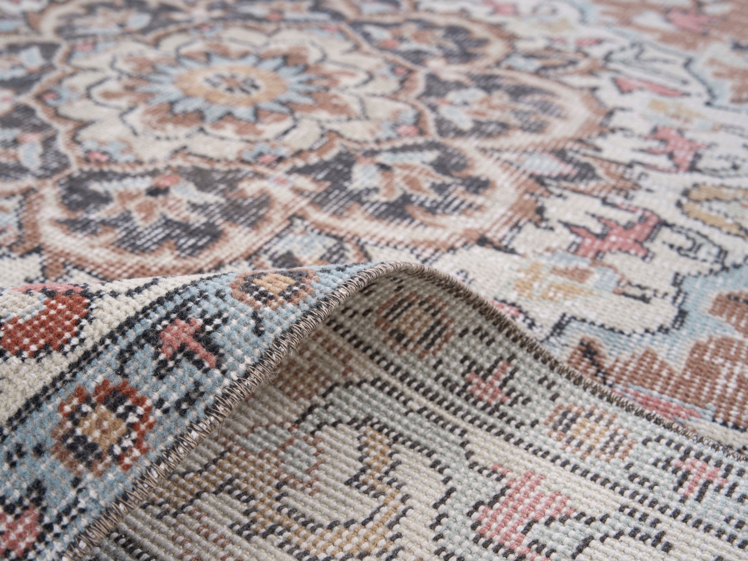 Turkish Isparta area rug in dusty rose and muted pink, view 9 of 10