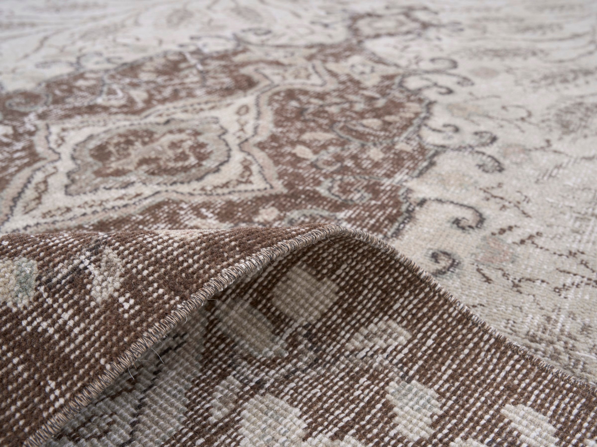 Turkish Isparta area rug in cream and brown, view 9 of 10