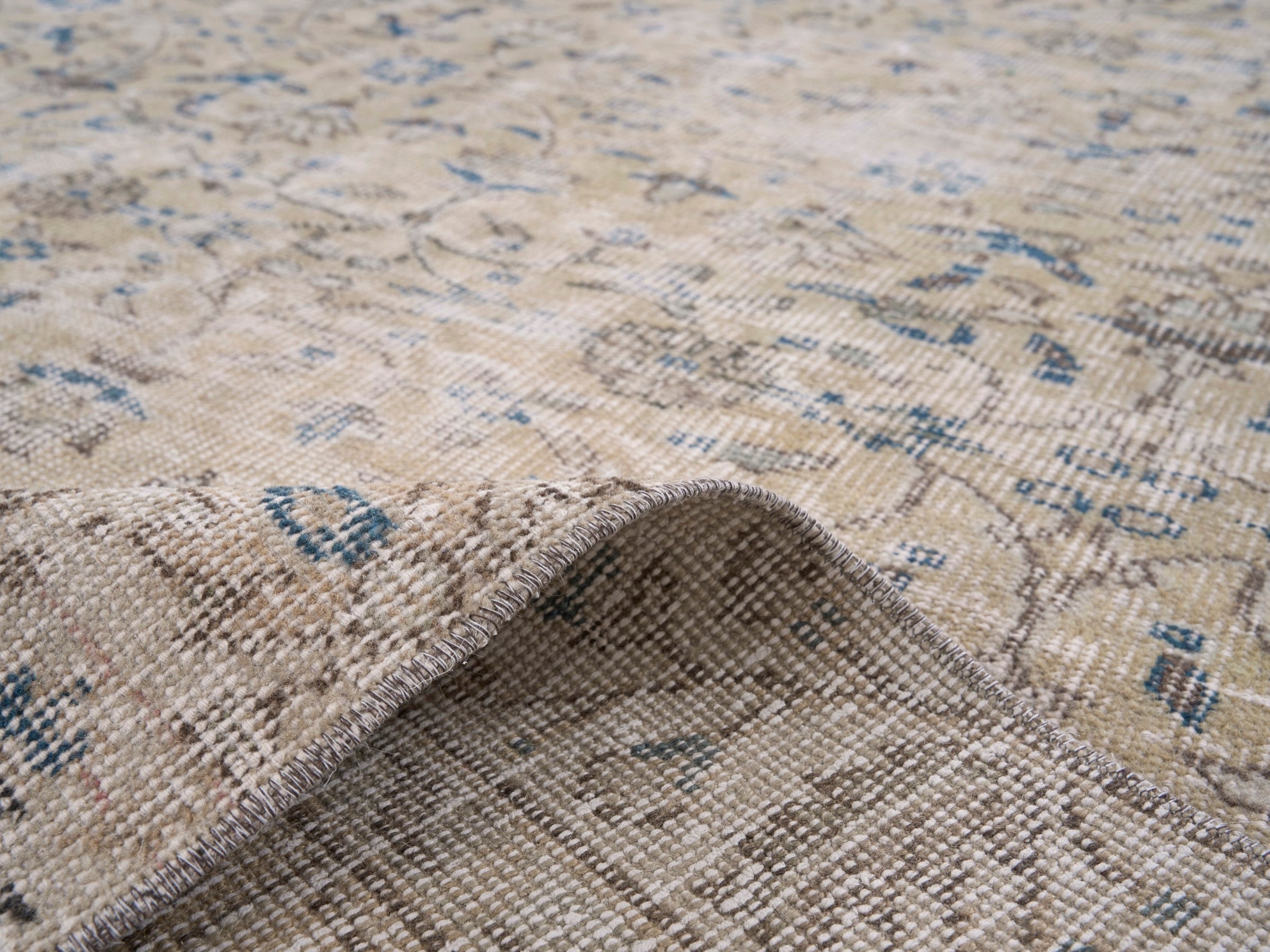 Turkish Isparta area rug in tan and denim, view 9 of 10